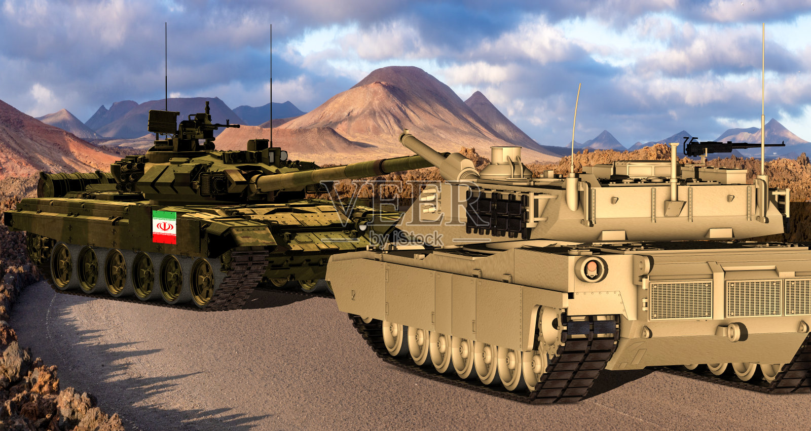 两辆坦克对峙——美国和伊朗可能发生军事对抗照片摄影图片