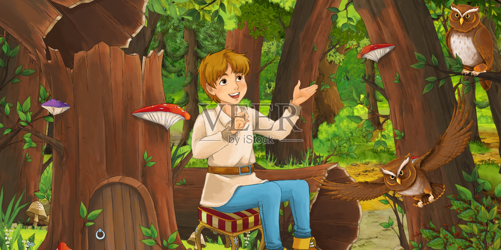 卡通场景与快乐的小男孩、王子或农民在森林里遭遇一对飞翔的猫头鹰插画图片素材