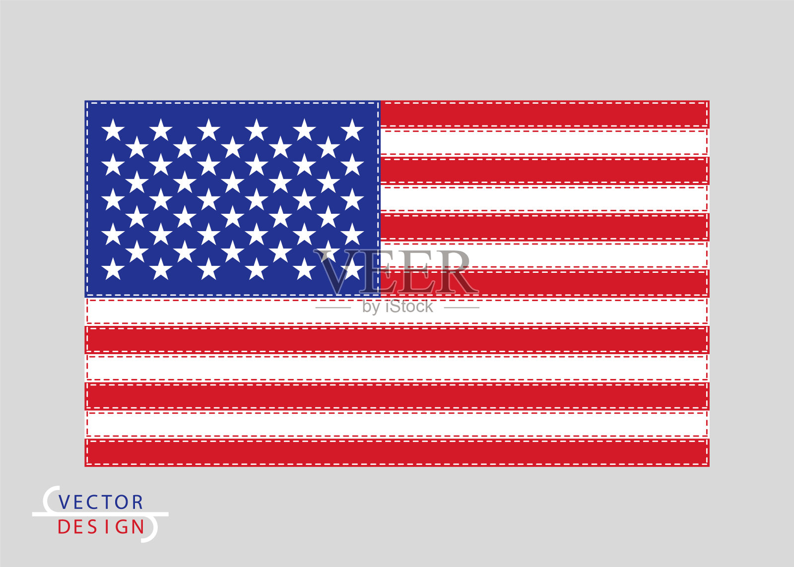 美利坚合众国的国旗是彩色的，内衬有线。矢量艺术设计，彩色我们的旗帜。蓝色,红色,白色。对象在透明孤立的背景上。插画图片素材