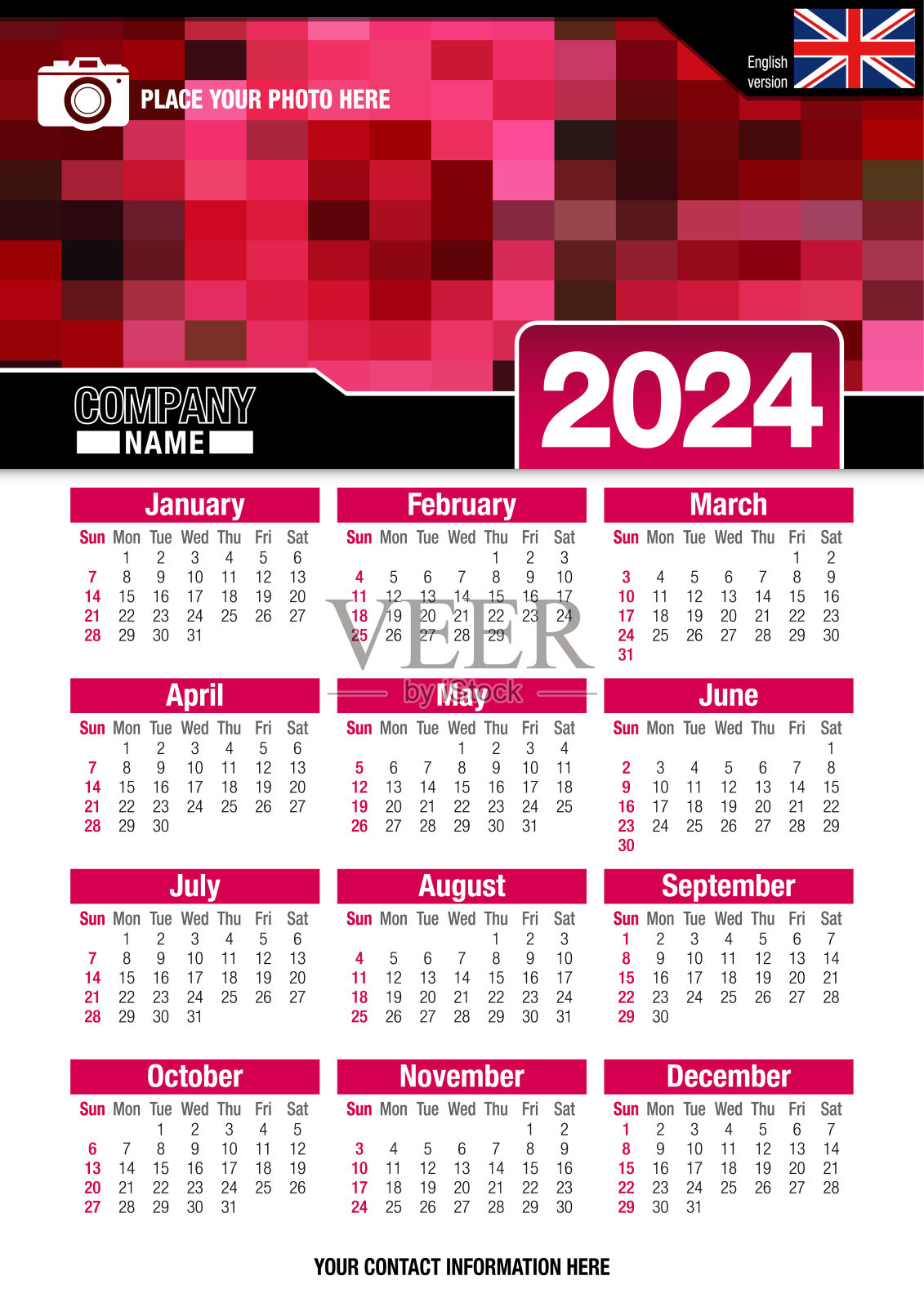 实用的挂历2024与红色马赛克设计。英文版本设计模板素材