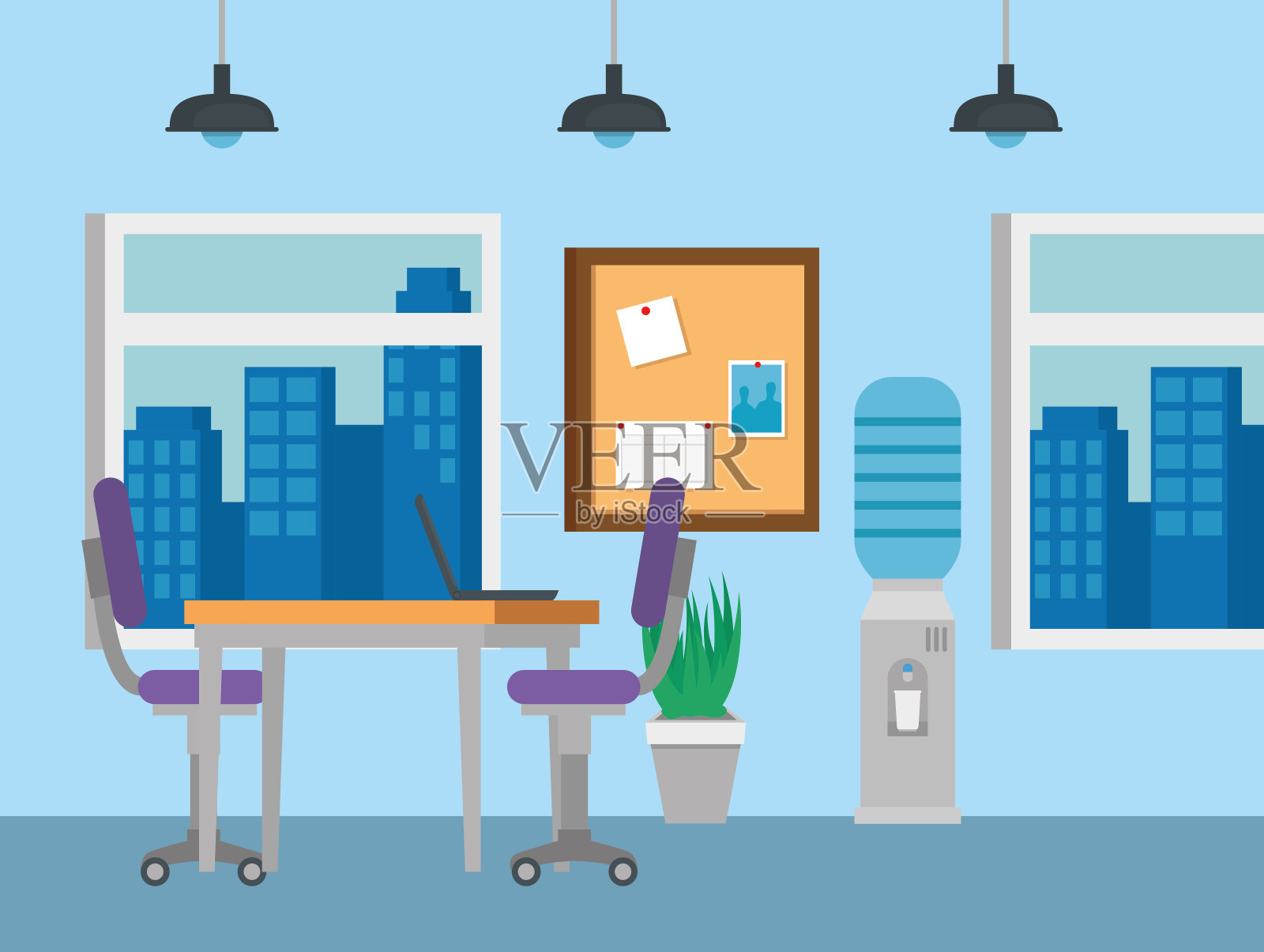 笔记本电脑在带椅子的桌子和带Windows的记事板插画图片素材