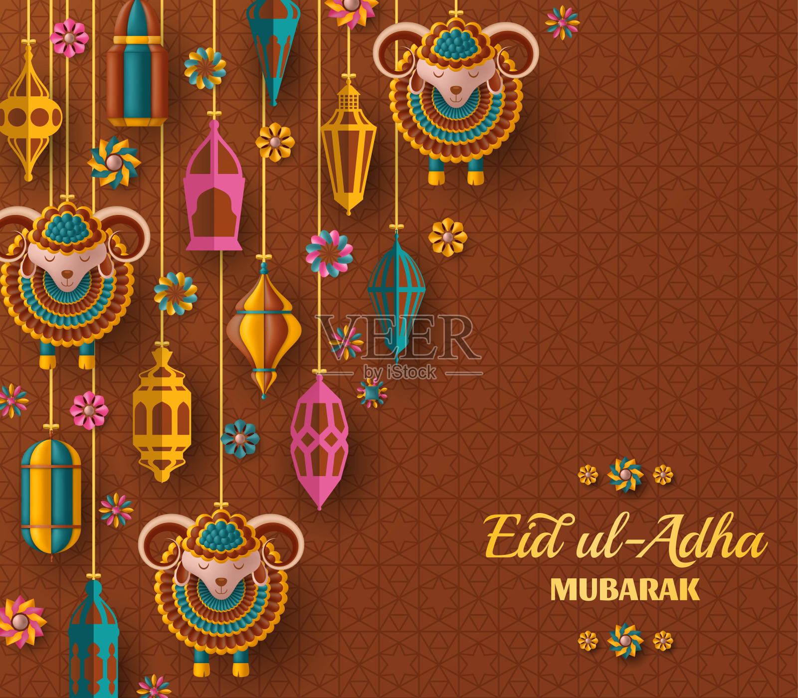 古尔邦节背景。伊斯兰阿拉伯灯笼和绵羊。贺卡。祭祀节。矢量插图。设计模板素材