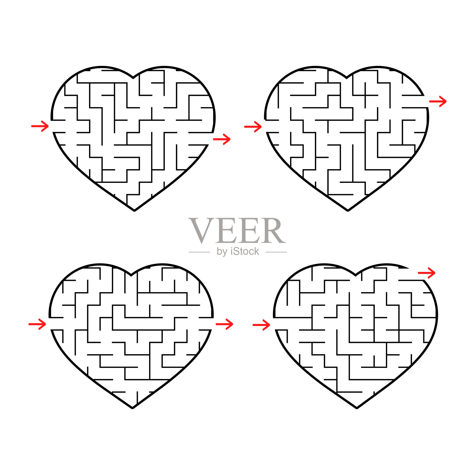一组迷宫般的心。游戏对孩子。对儿童拼图。迷宫难题。平面矢量插图孤立在白色背景。插画图片素材