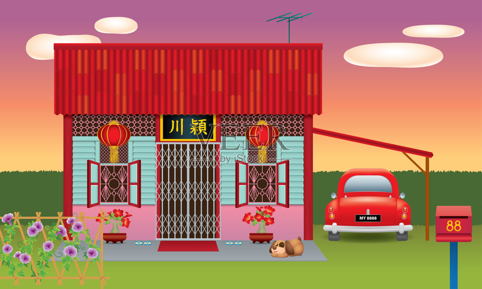 在马来西亚的新村庄，经常可以看到传统的中国风格的房子。插画图片素材