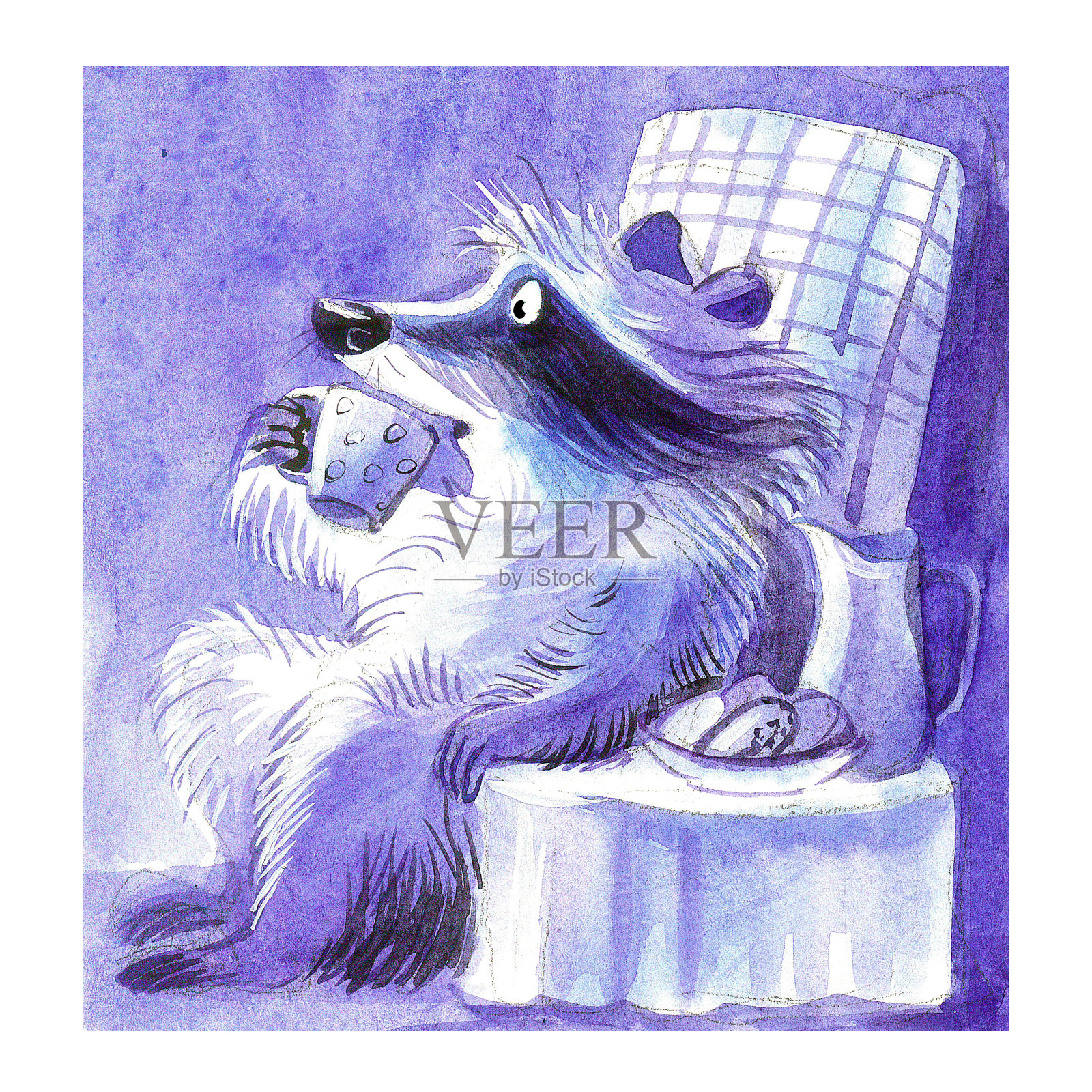 浣熊在电视上看晚场电影，水彩画插画图片素材