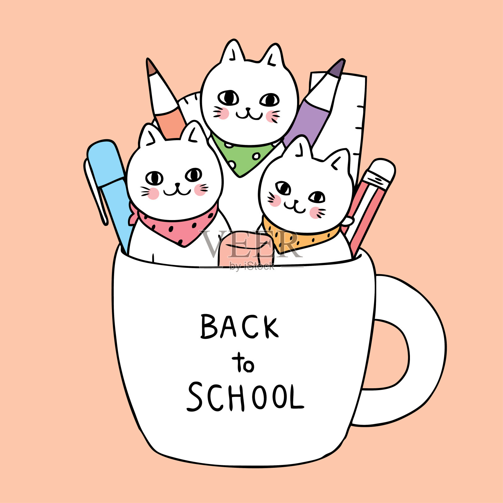 卡通可爱的回学校猫在书包矢量。插画图片素材