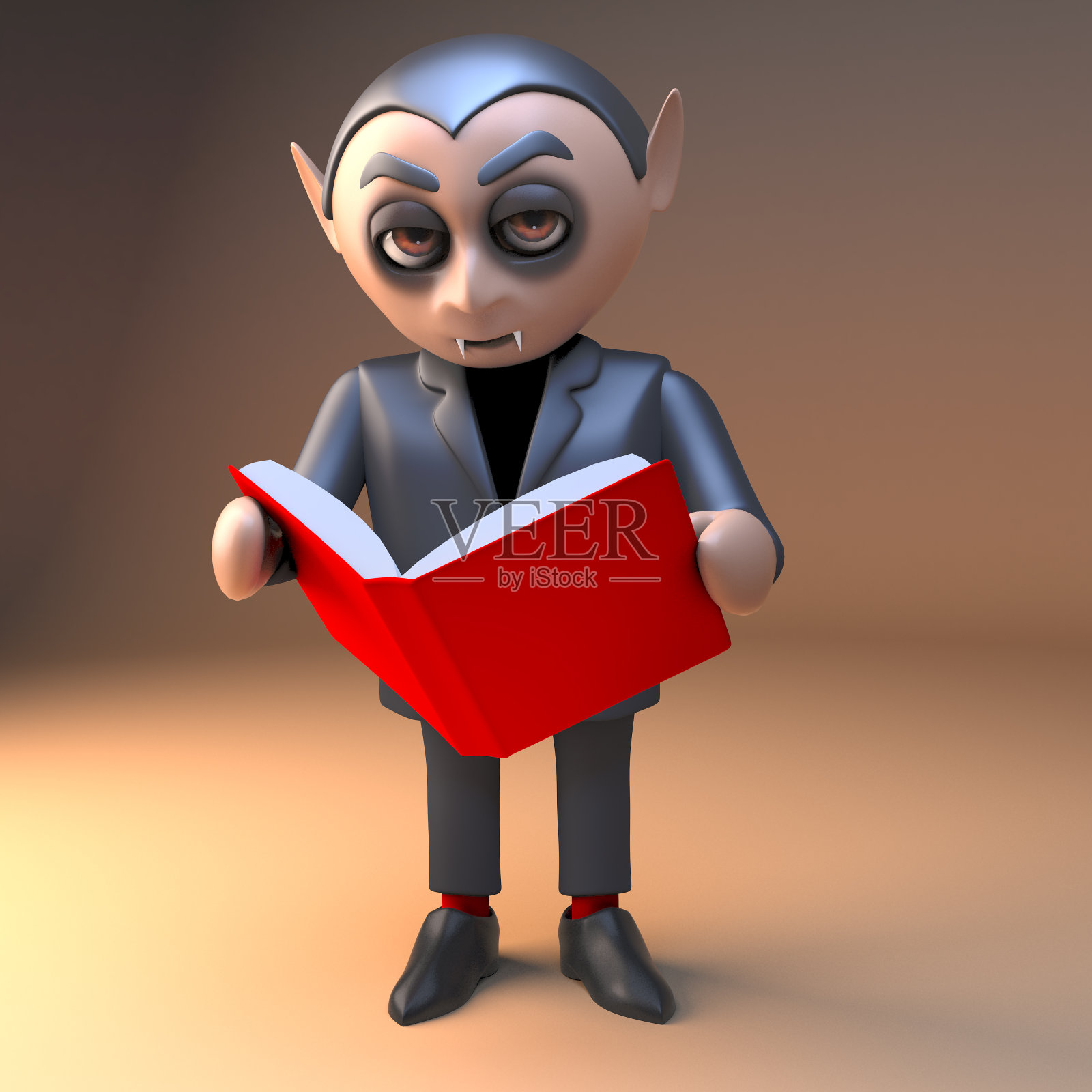 吸血鬼德拉库拉的角色正在阅读一本红色的3d插图书照片摄影图片