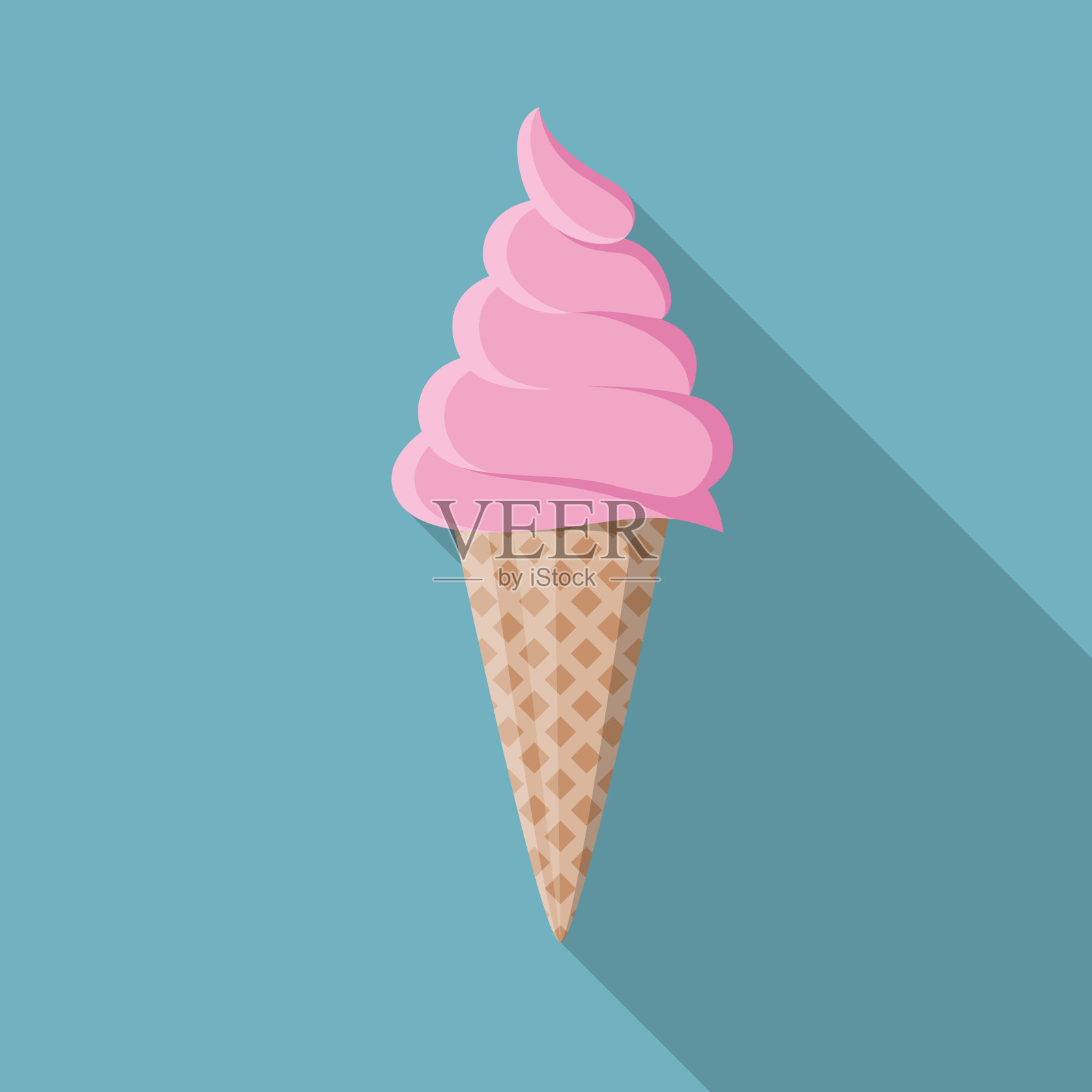 粉色冰淇淋在华夫蛋筒上蓝色背景平面设计图标设计元素图片