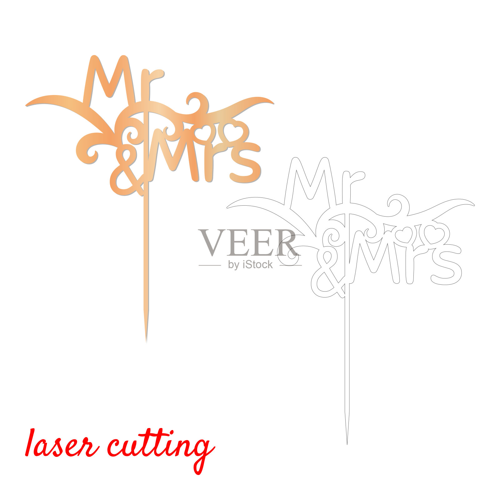 在蛋糕上签上“先生和夫人”。激光或铣切装饰。模板激光切割机木材和金属。情人节或婚礼的完美礼物。婚礼蛋糕装饰。插画图片素材
