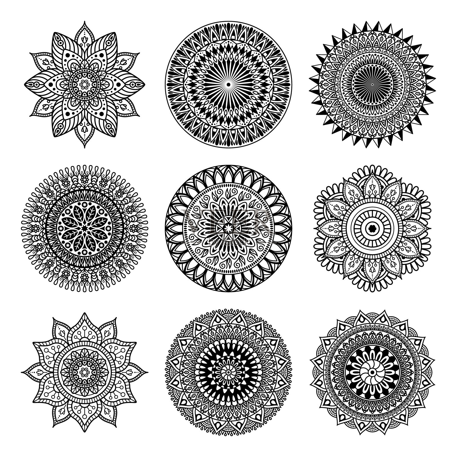 一套曼陀罗形状的白色背景，矢量插图插画图片素材