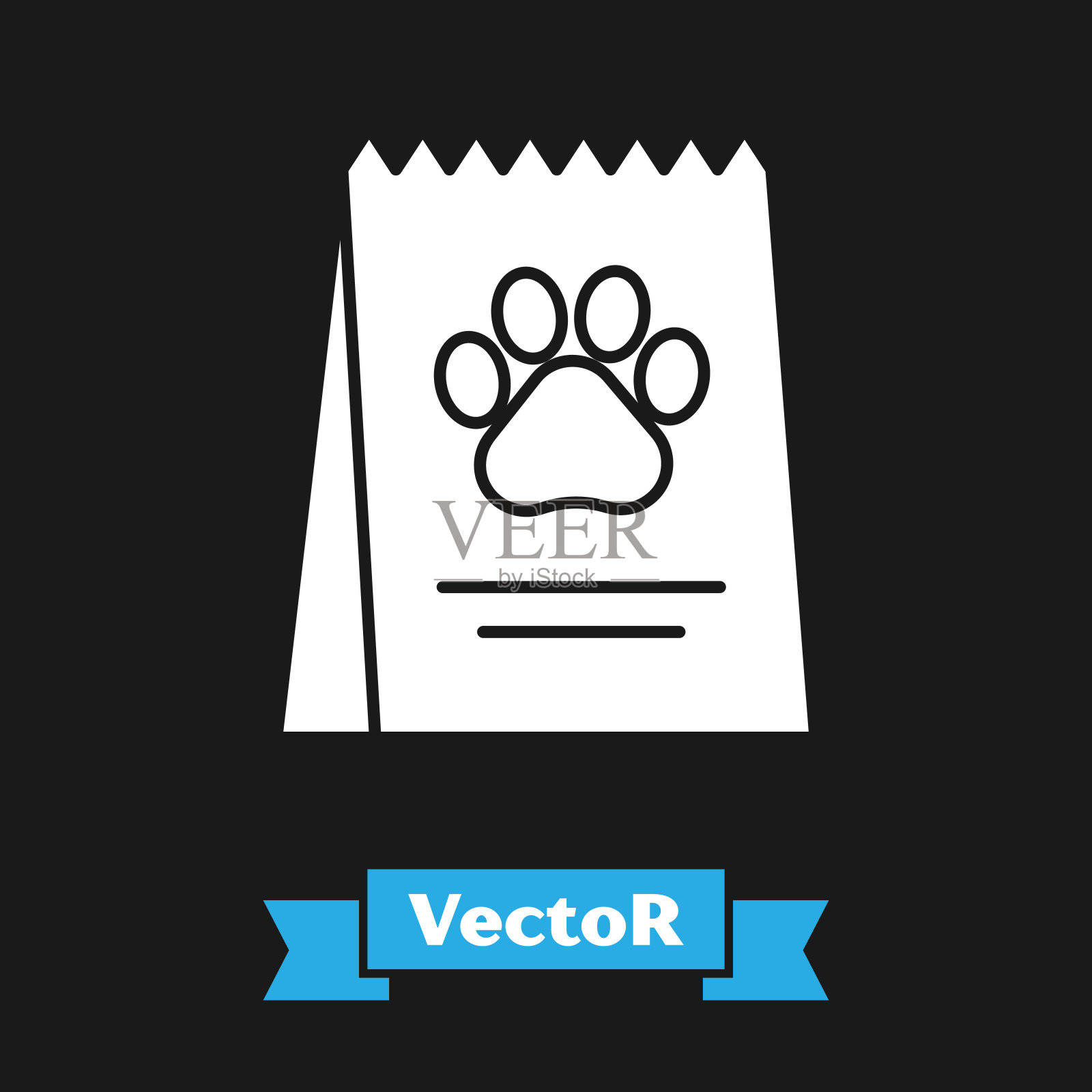 白色袋子的食物狗图标孤立在黑色的背景。狗或猫的爪印。动物的食物。宠物食品包装。矢量图插画图片素材