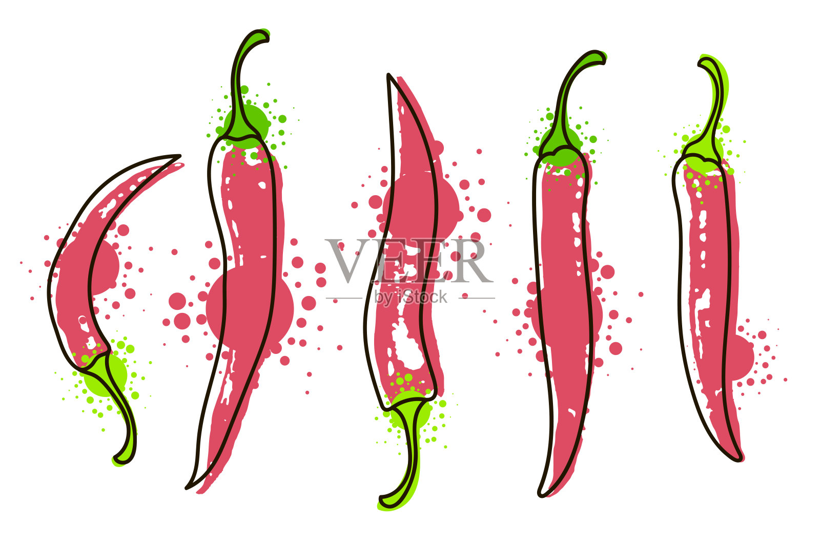 水彩彩色蔬菜设置红辣椒辣椒，特写孤立在白色的背景。插画图片素材