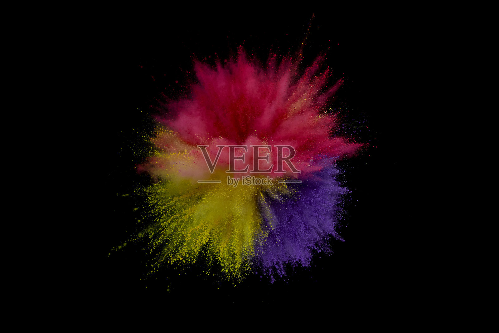 彩色粉末爆炸。抽象特写灰尘的背景。色彩斑斓的爆炸。油漆胡里节照片摄影图片