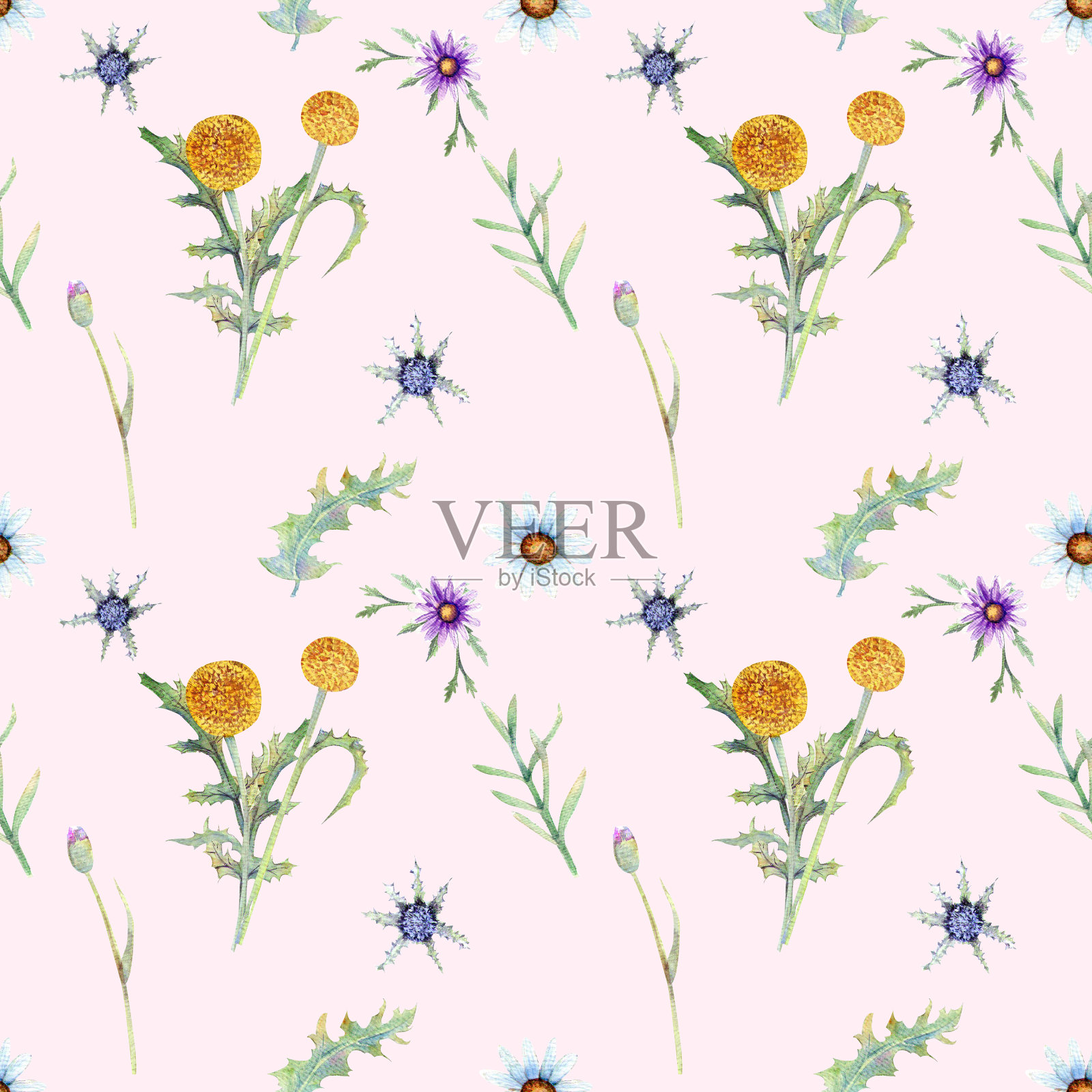 野花的背景。无缝模式。野花背景水彩画。插画图片素材