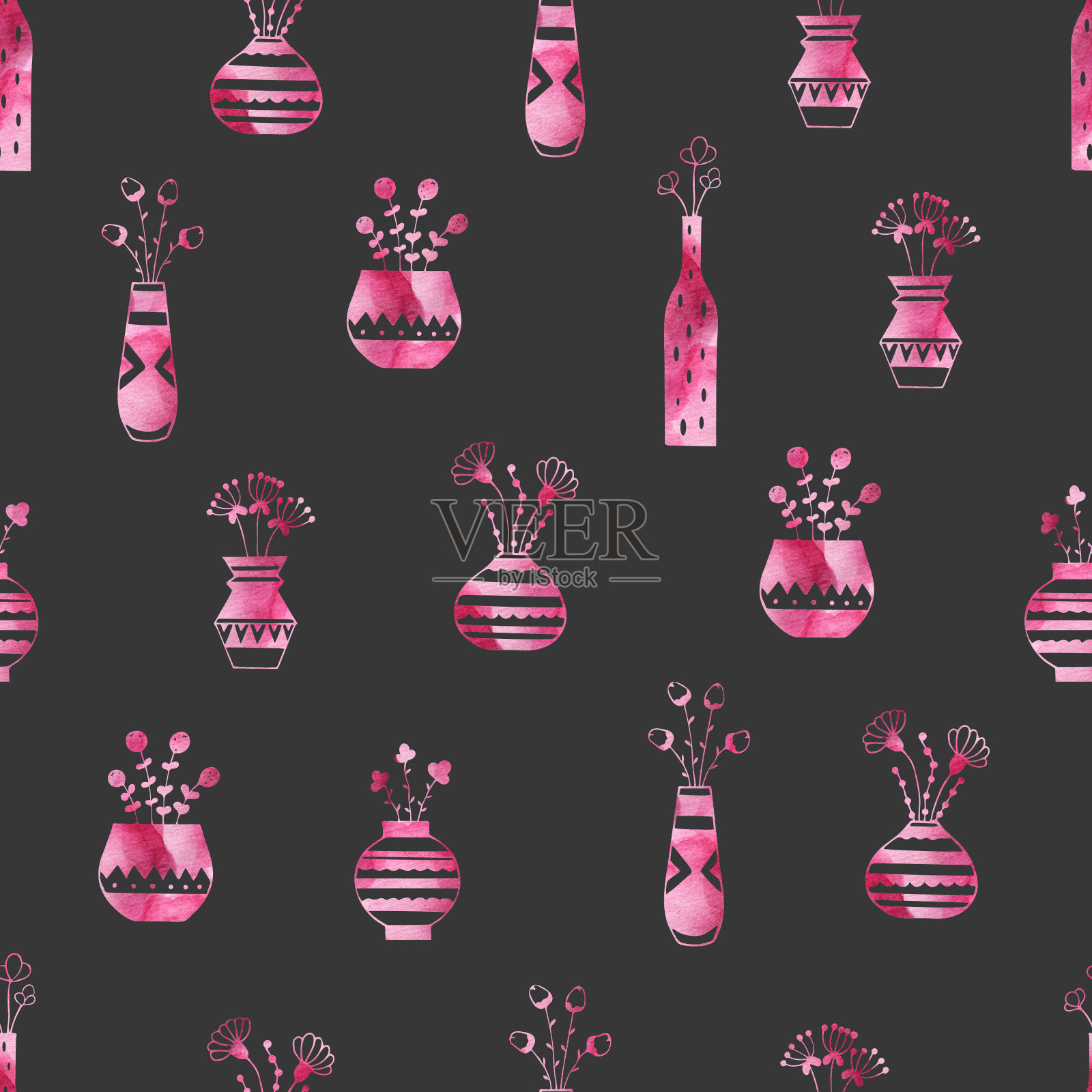 水彩粉色图案的花瓶中的植物插画图片素材