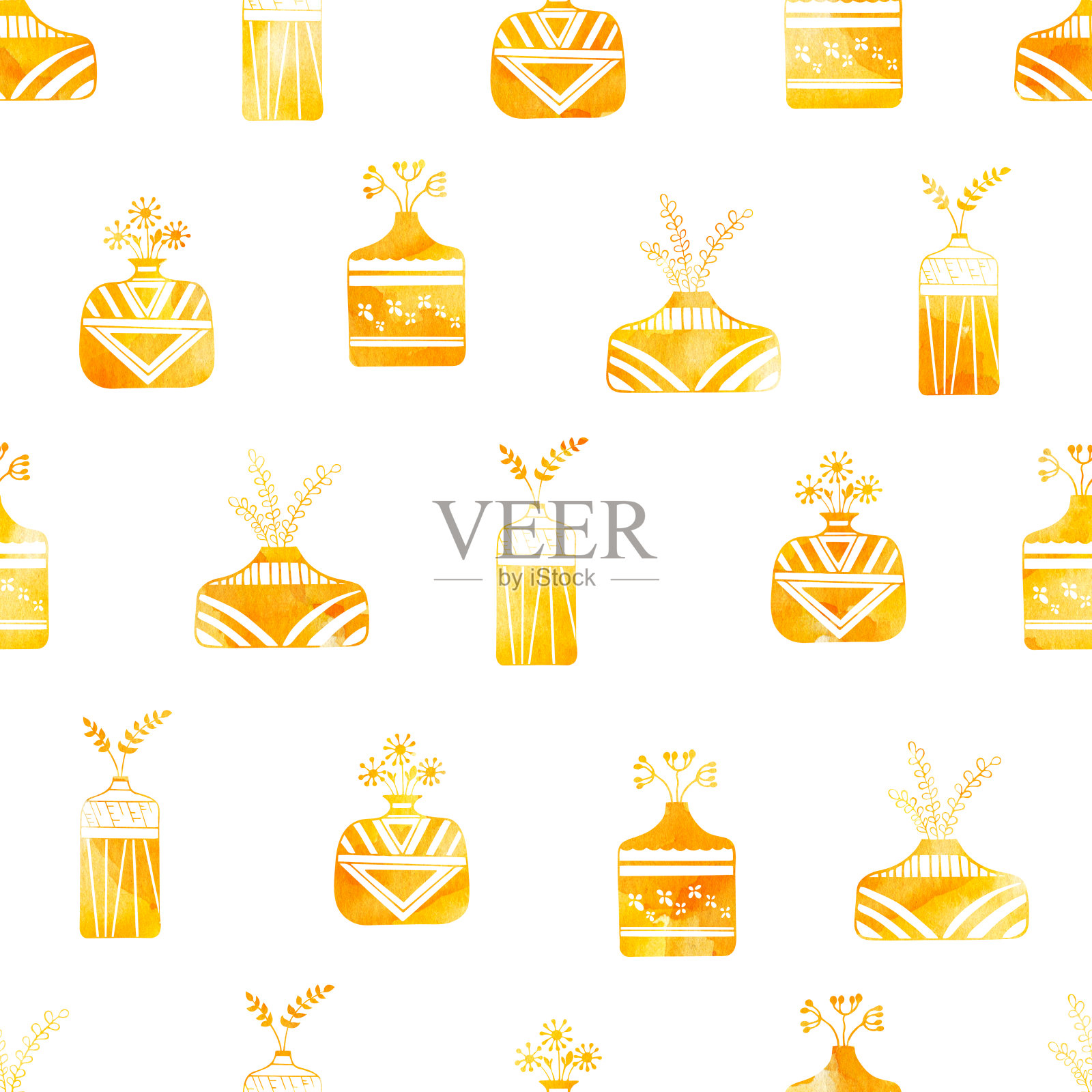 水彩图案花盆中的花卉图案插画图片素材