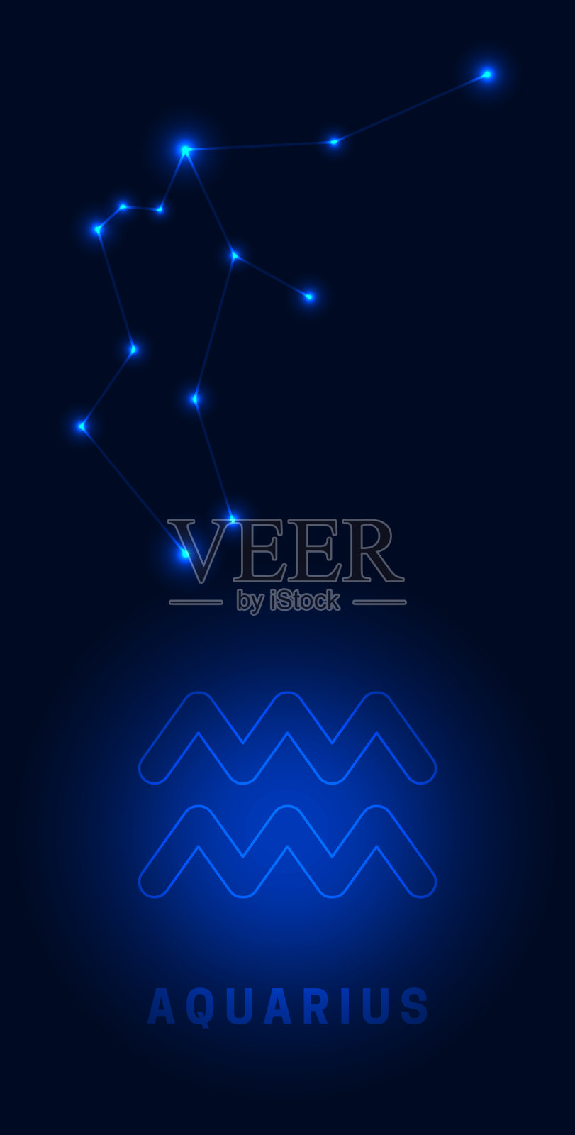 星座水瓶座。明亮的星星与名字和标志在蓝色背景的夜晚照明。星图向量。插画图片素材