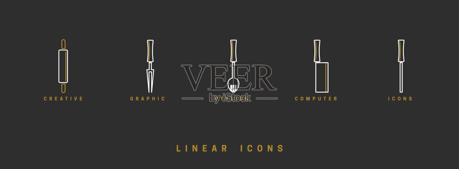 图标厨房工具在线性风格。设置图标餐具矢量图形图标素材