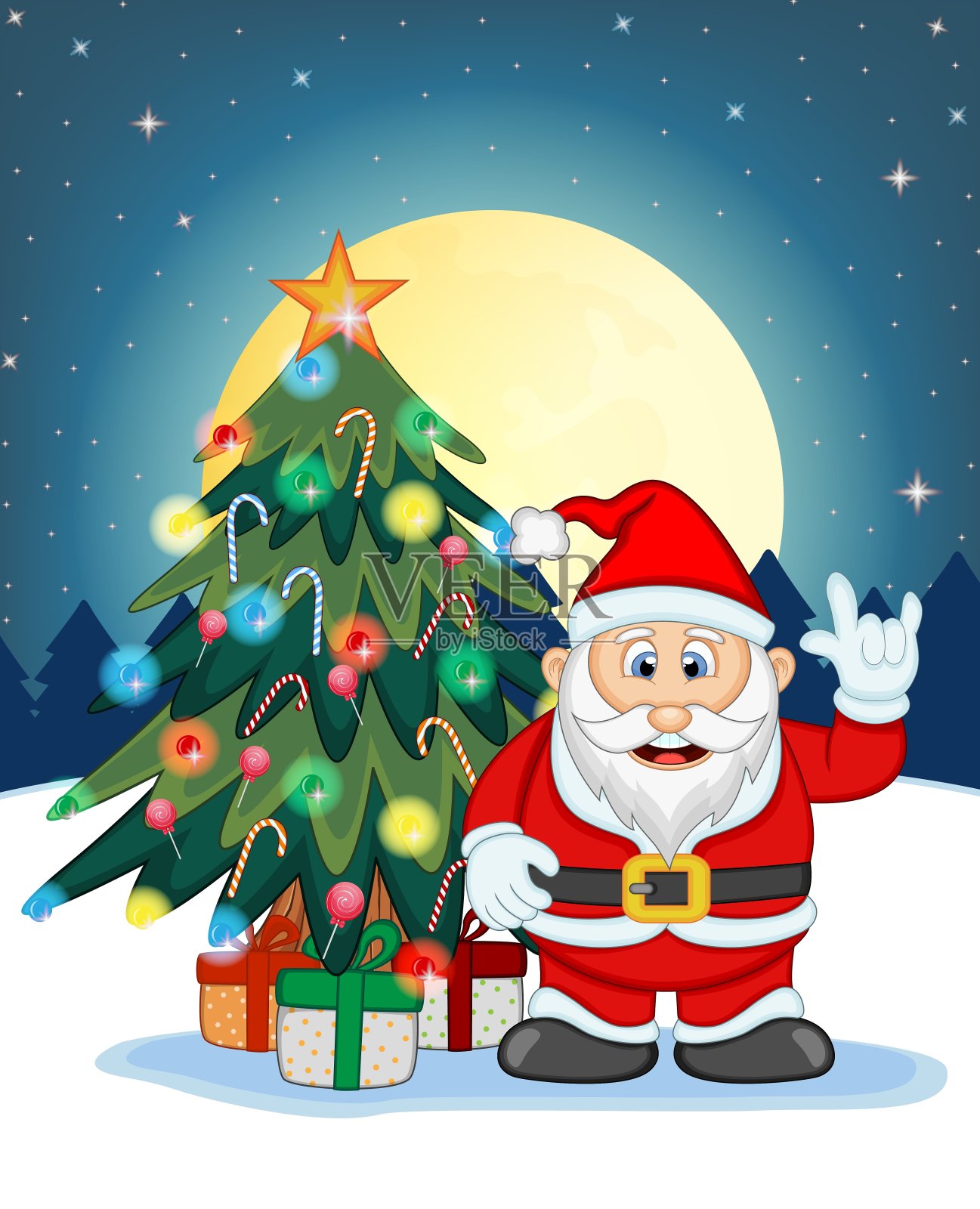 圣诞老人，雪，圣诞树和满月在晚上的设计矢量插图插画图片素材