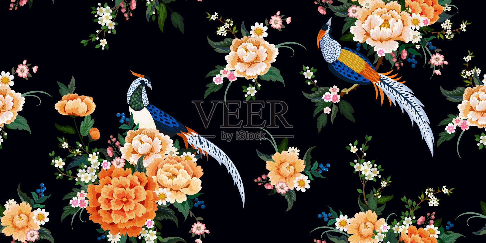 美丽的菱形山鸡坐在牡丹枝上，盛开的樱花，梅花，雏菊，中国风格的夏季服饰无缝图案插画图片素材