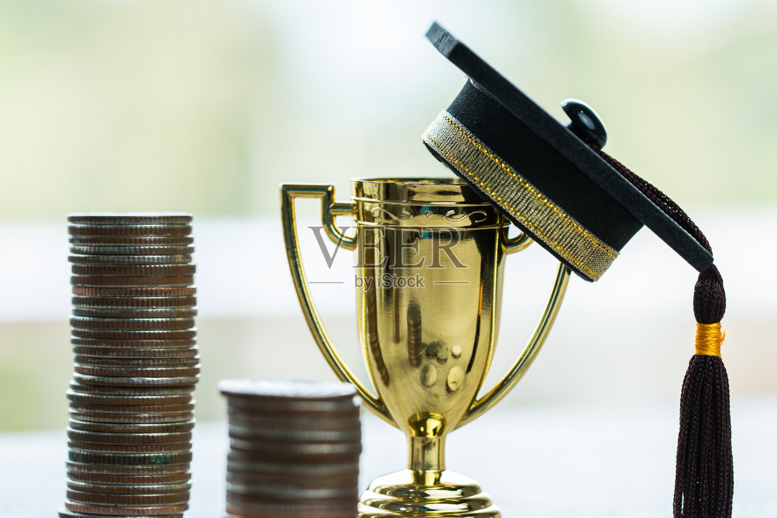 教育毕业中成就成功理念:金杯优胜者随毕业喜，升水钱硬币。管理学习竞争领导力有很多钱可以学习照片摄影图片
