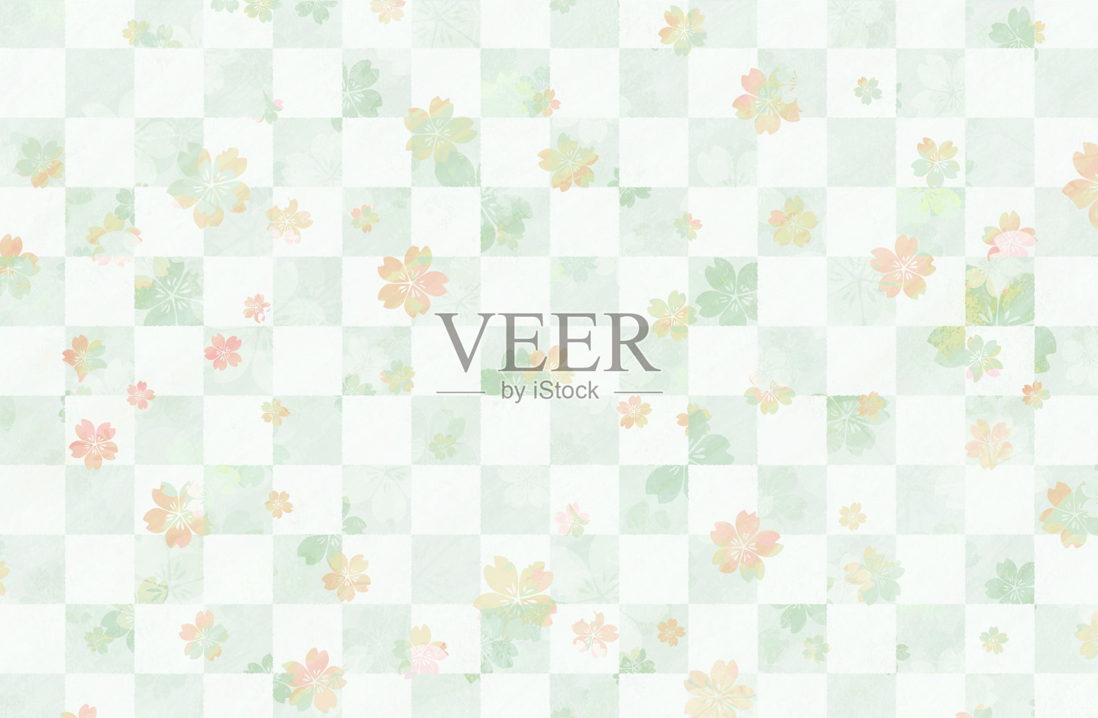 樱花花格水画/贺年卡模板/春天背景插画图片素材