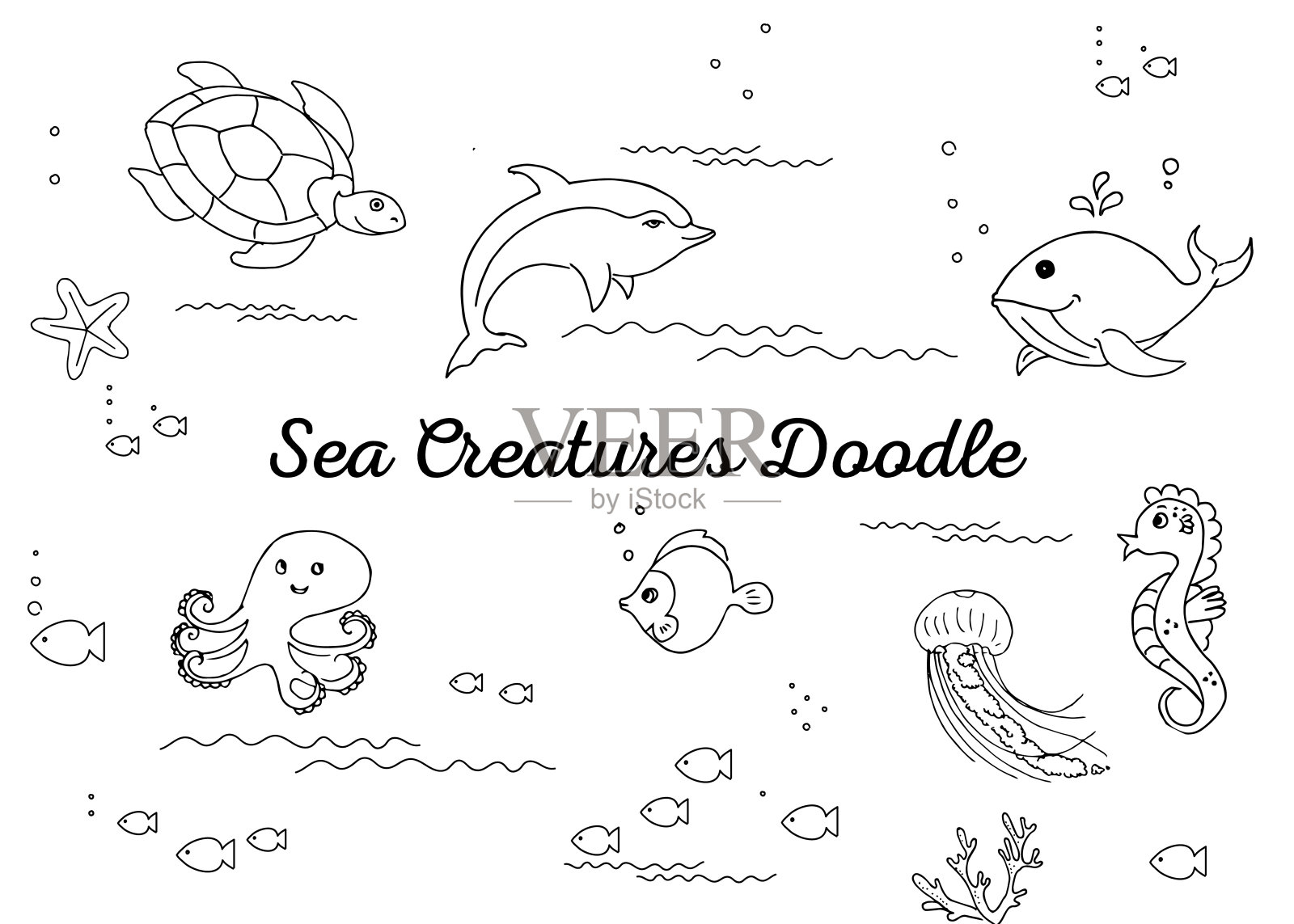 鱼和其他海洋动物矢量手绘涂鸦风格插画图片素材