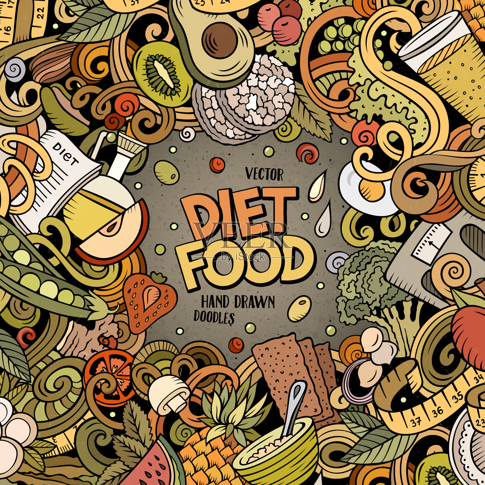 卡通矢量涂鸦减肥食物框架。鲜艳的颜色饮食有趣的边界插画图片素材