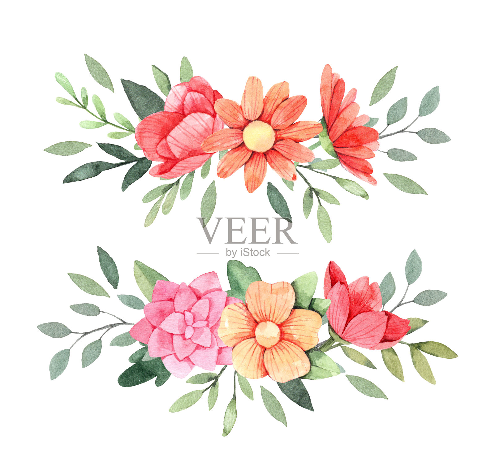 手绘水彩插图。植物花束与绿色的树枝，浆果和花。夏天的心情。花的设计元素。完美的邀请，贺卡，印刷品，海报插画图片素材