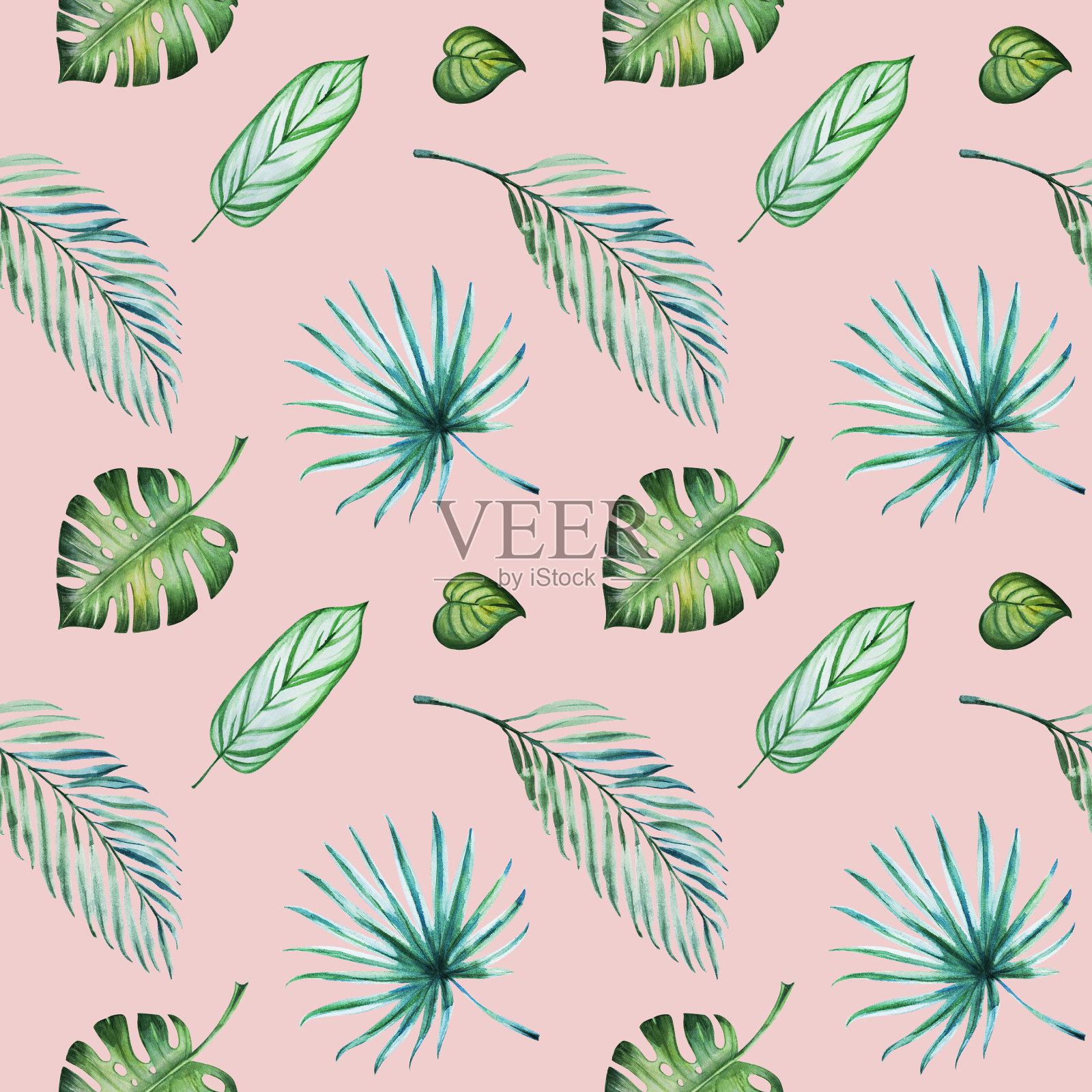 热带树叶的无缝图案。蓬莱蕉,手掌。水彩画。外来植物。自然的打印。草图。插画图片素材