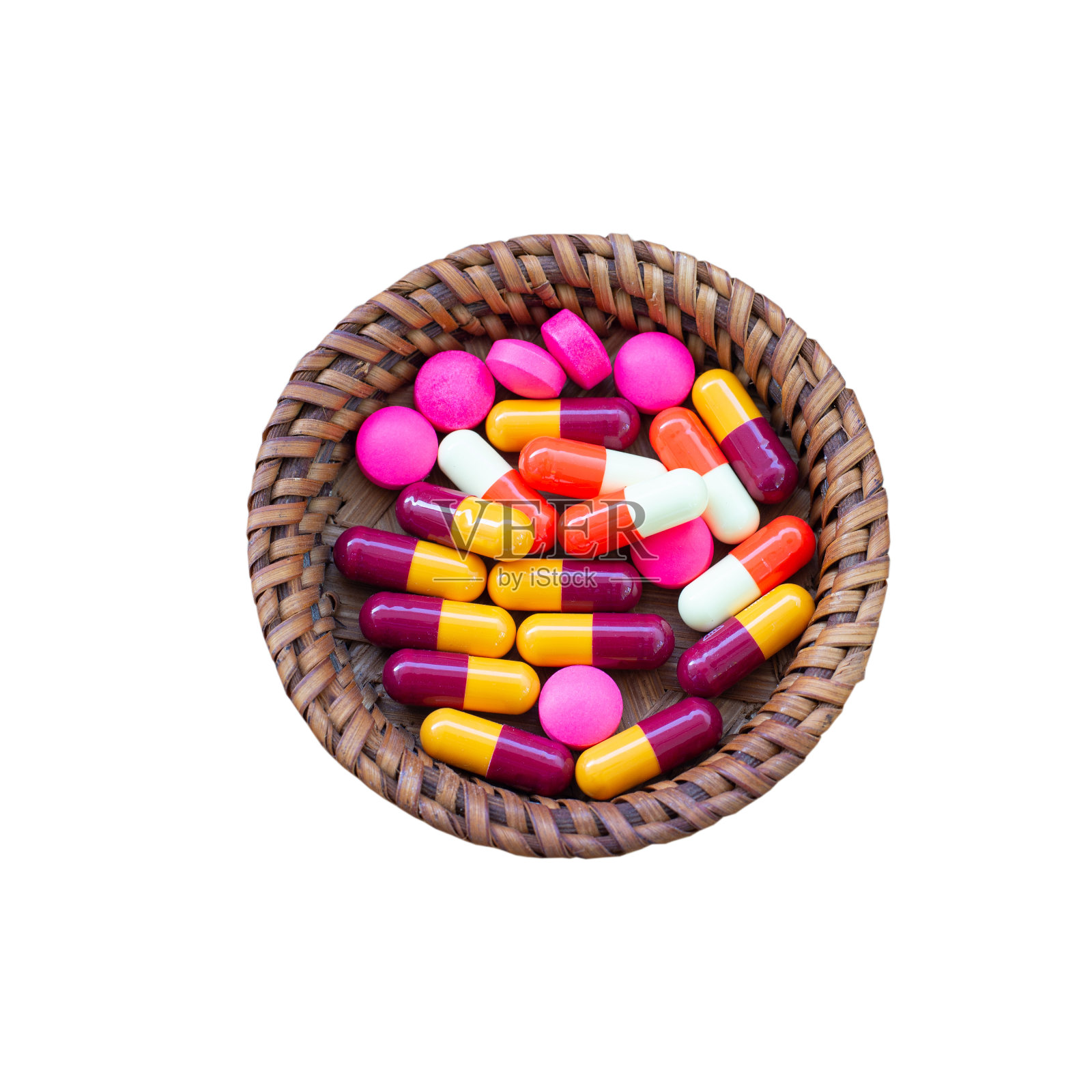 混合药丸在孤立的白色背景。照片摄影图片