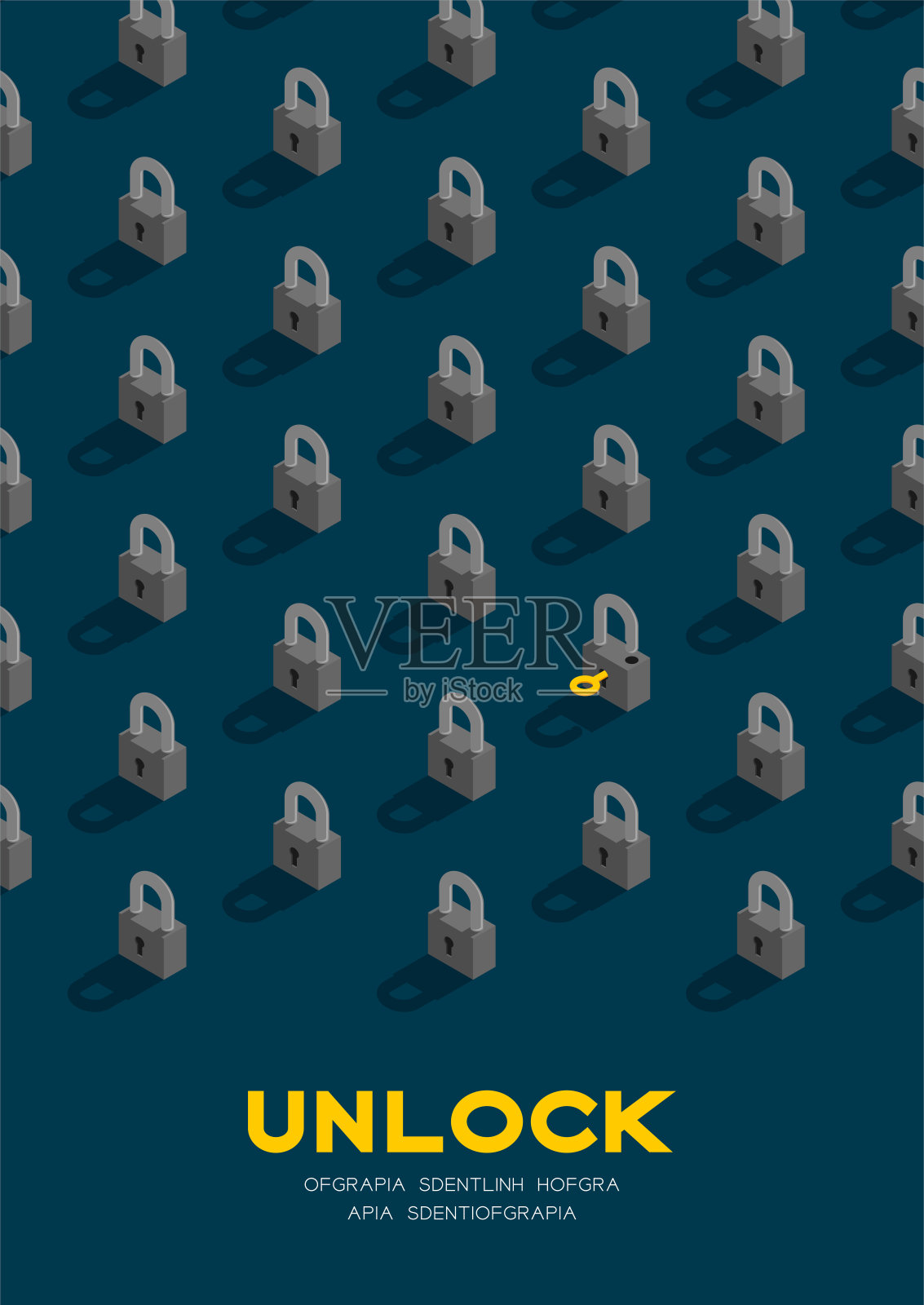 锁和钥匙3D等距模式，密码解锁概念海报和旗帜垂直设计插图孤立在蓝色背景与复制空间，矢量eps 10插画图片素材