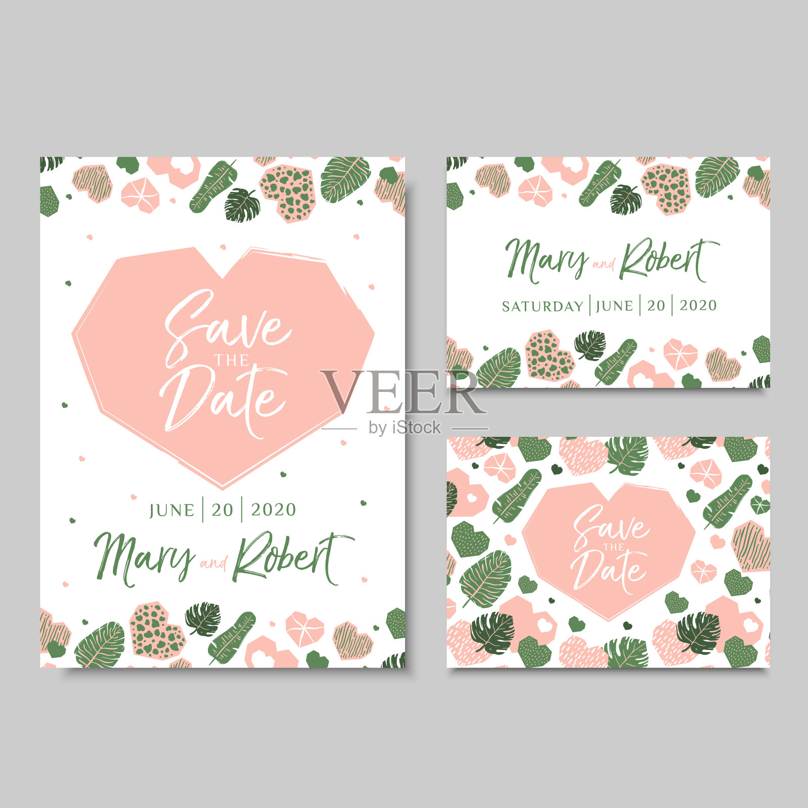 心形和热带树叶的婚礼请帖插画图片素材