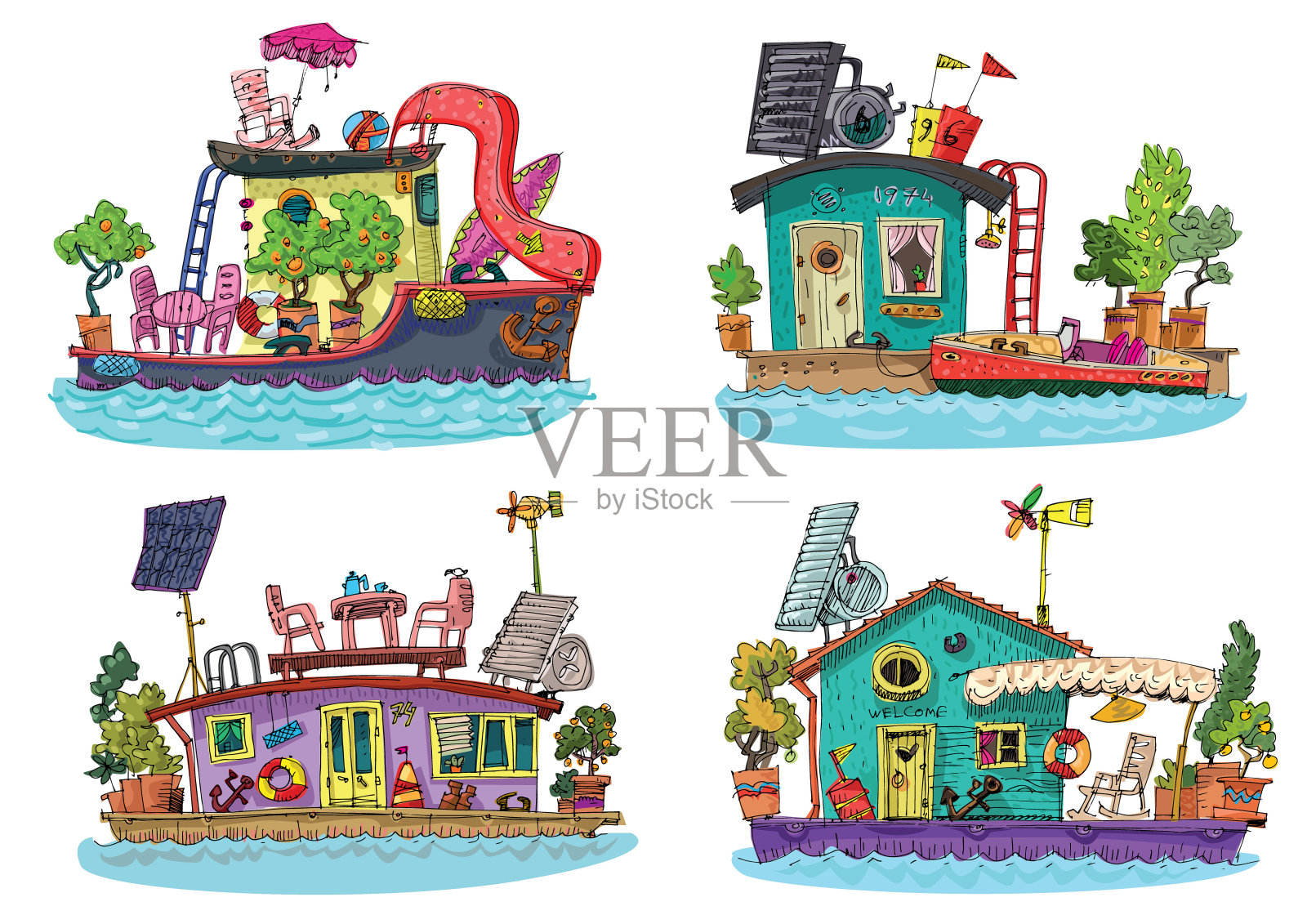 老式住宅船坞。插画图片素材