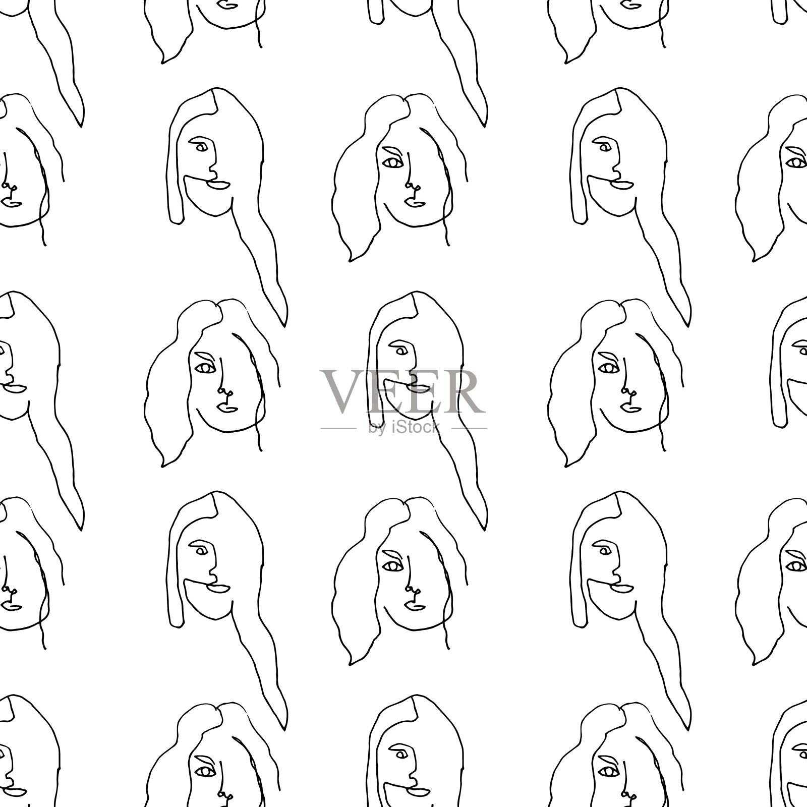 现代无缝图案与线性抽象女人的脸。连续线的艺术。插画图片素材