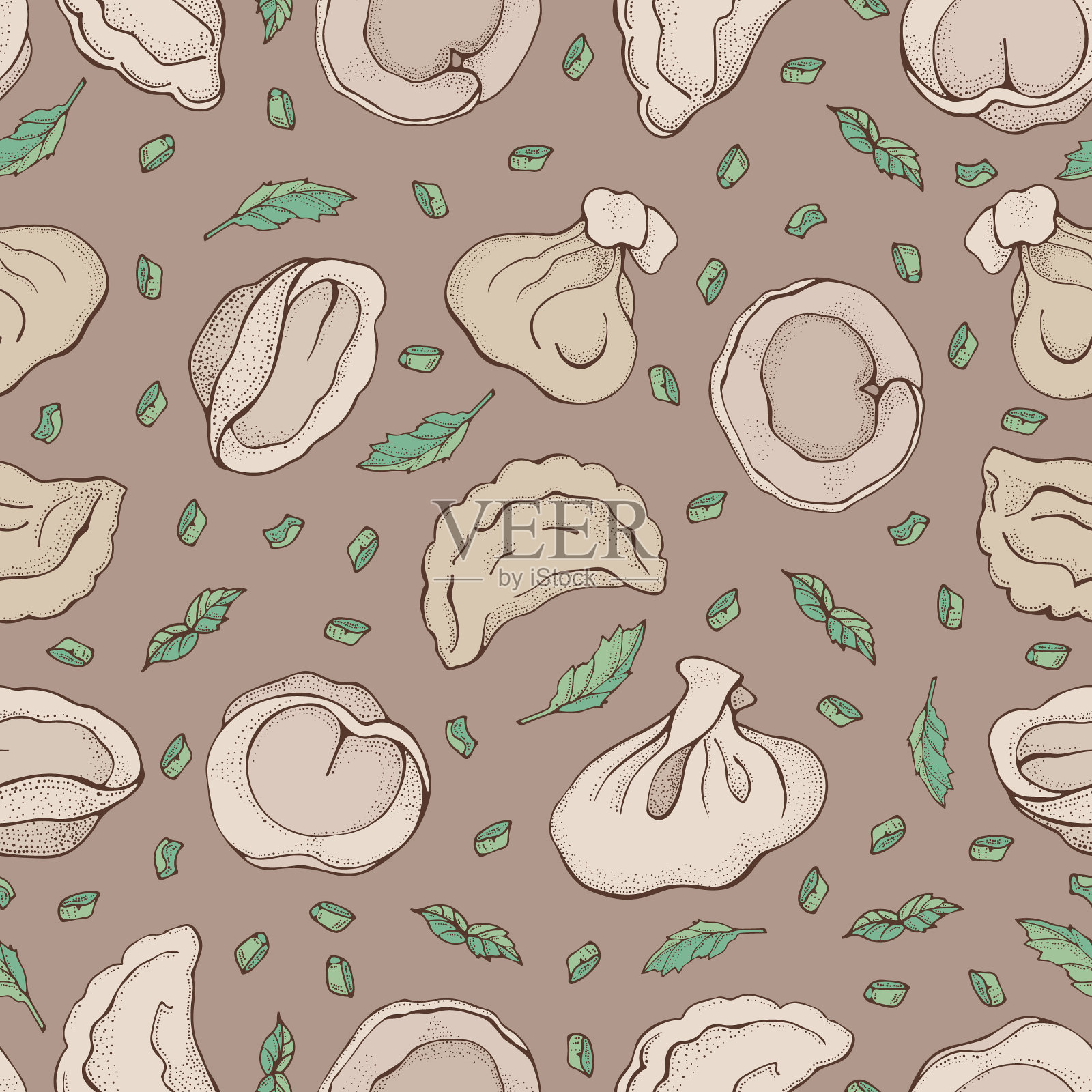 无缝图案的饺子与香料。意式馄饨。Vareniki。水饺。食物。烹饪。国家的菜肴。面团和肉制品。卡通向量在棕色的背景。对餐厅菜单插画图片素材