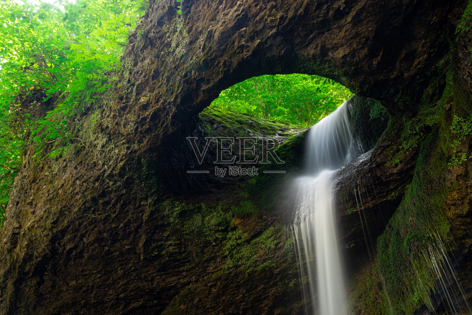 长时间曝光Murgul Deliklikaya瀑布在棕色和绿色的岩石。照片摄影图片