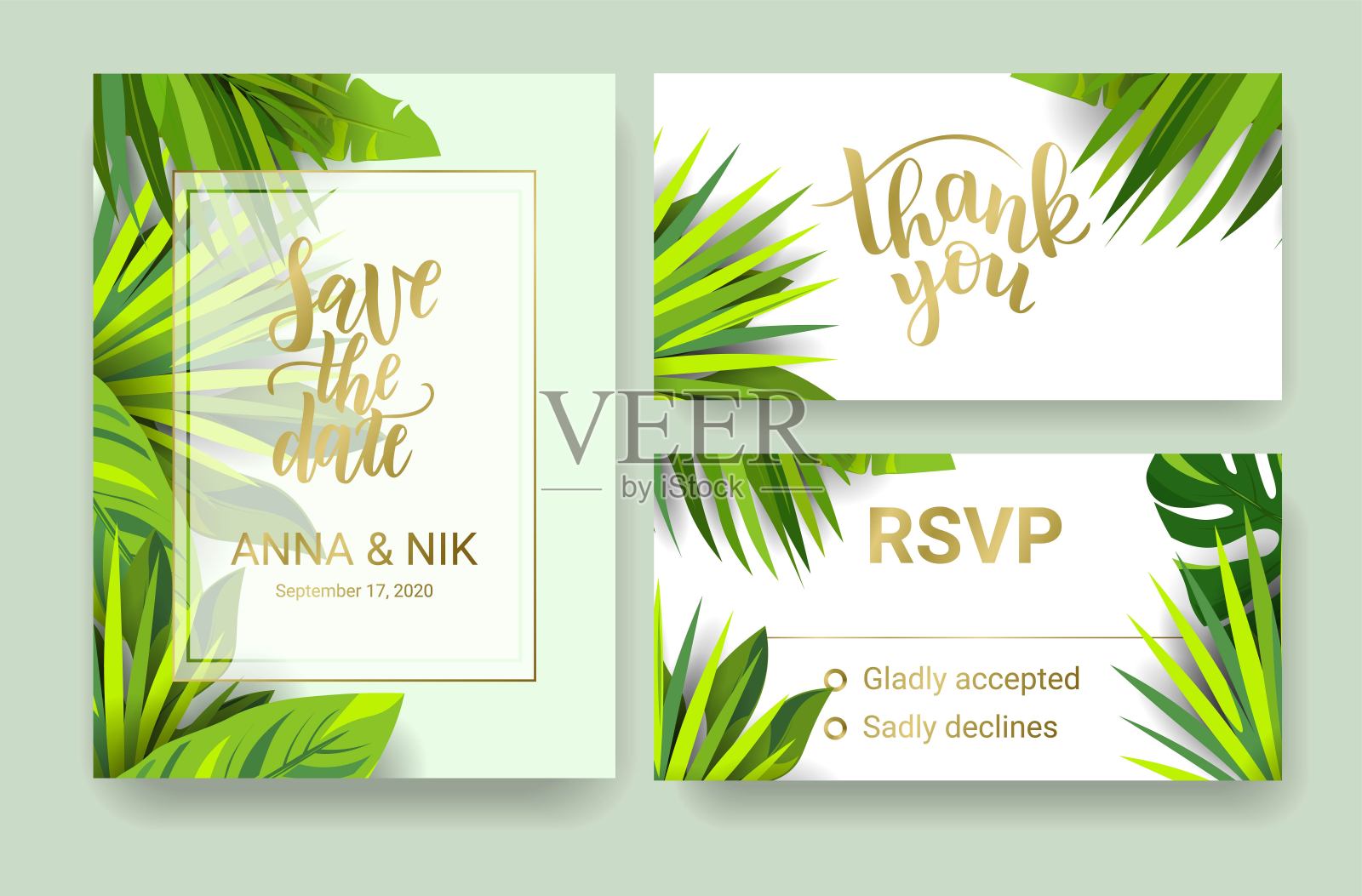 保存日期手写明信片与热带树叶。婚礼的短语。现代的毛笔书法。孤立在白色背景上。设计模板素材