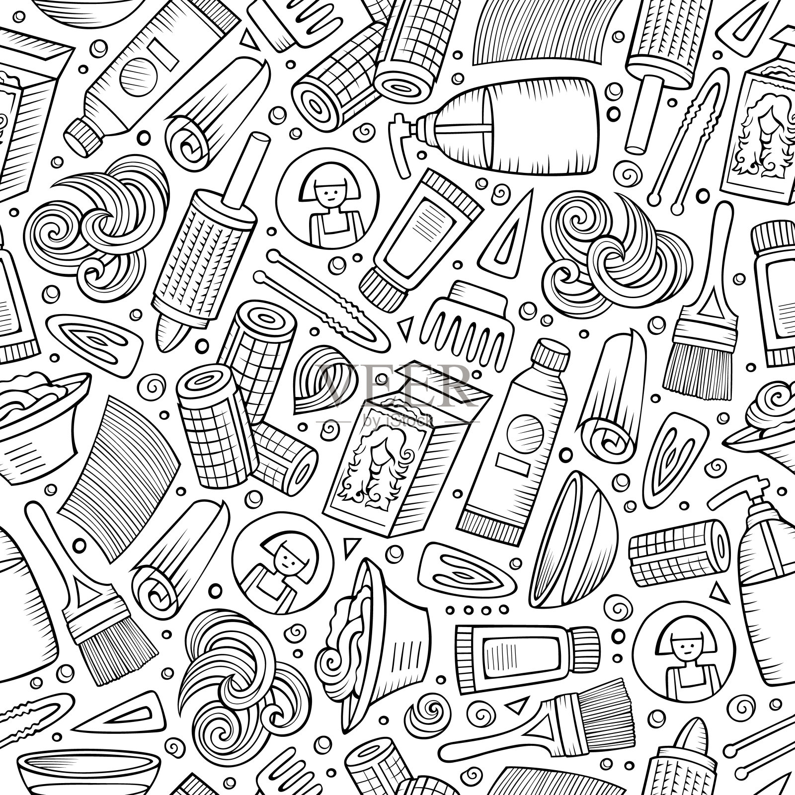 卡通手绘发廊无缝图案插画图片素材