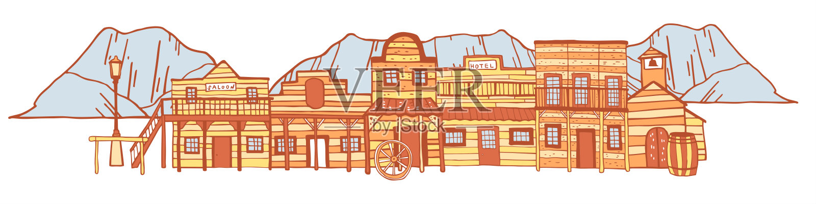 以山脉为背景的美国西部小镇景观。手绘轮廓彩色素描涂鸦矢量插图插画图片素材