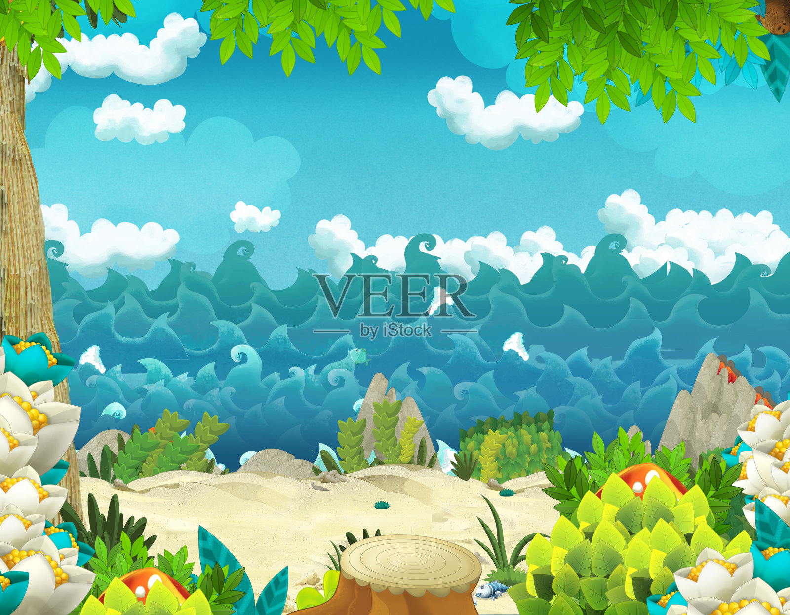 卡通背景与丛林和海洋或海洋海岸插画图片素材