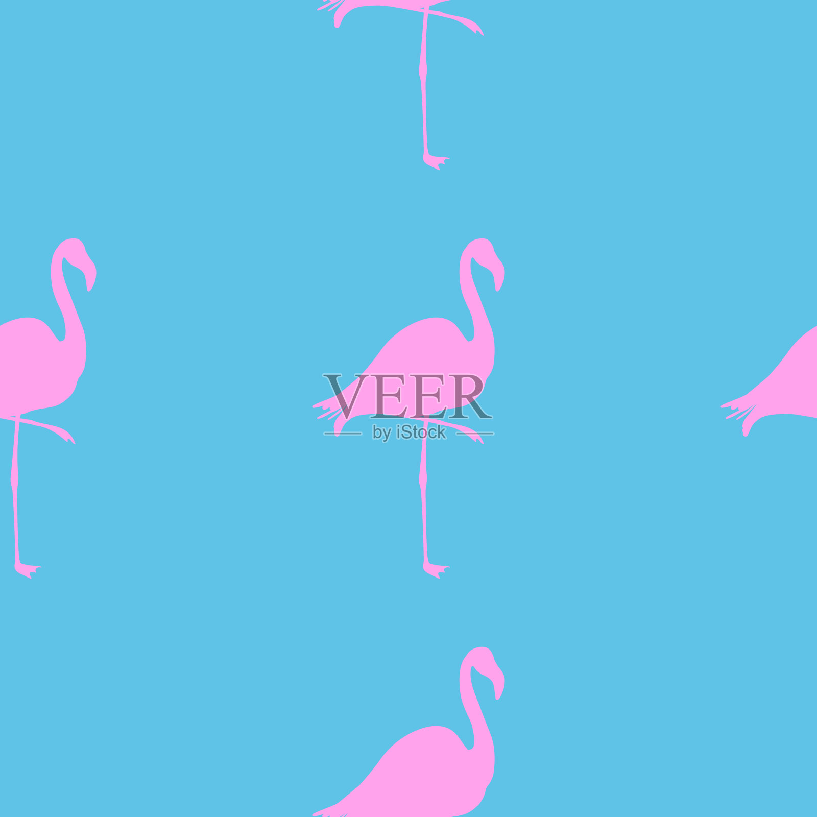 无缝火烈鸟模式矢量插图。粉红色火烈鸟图案蓝色背景。夏季壁纸背景，卡通。插画图片素材