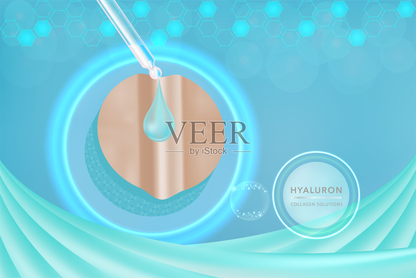 透明质酸皮肤液广告，蓝色胶原蛋白血清滴与化妆品广告背景随时使用设计模板素材