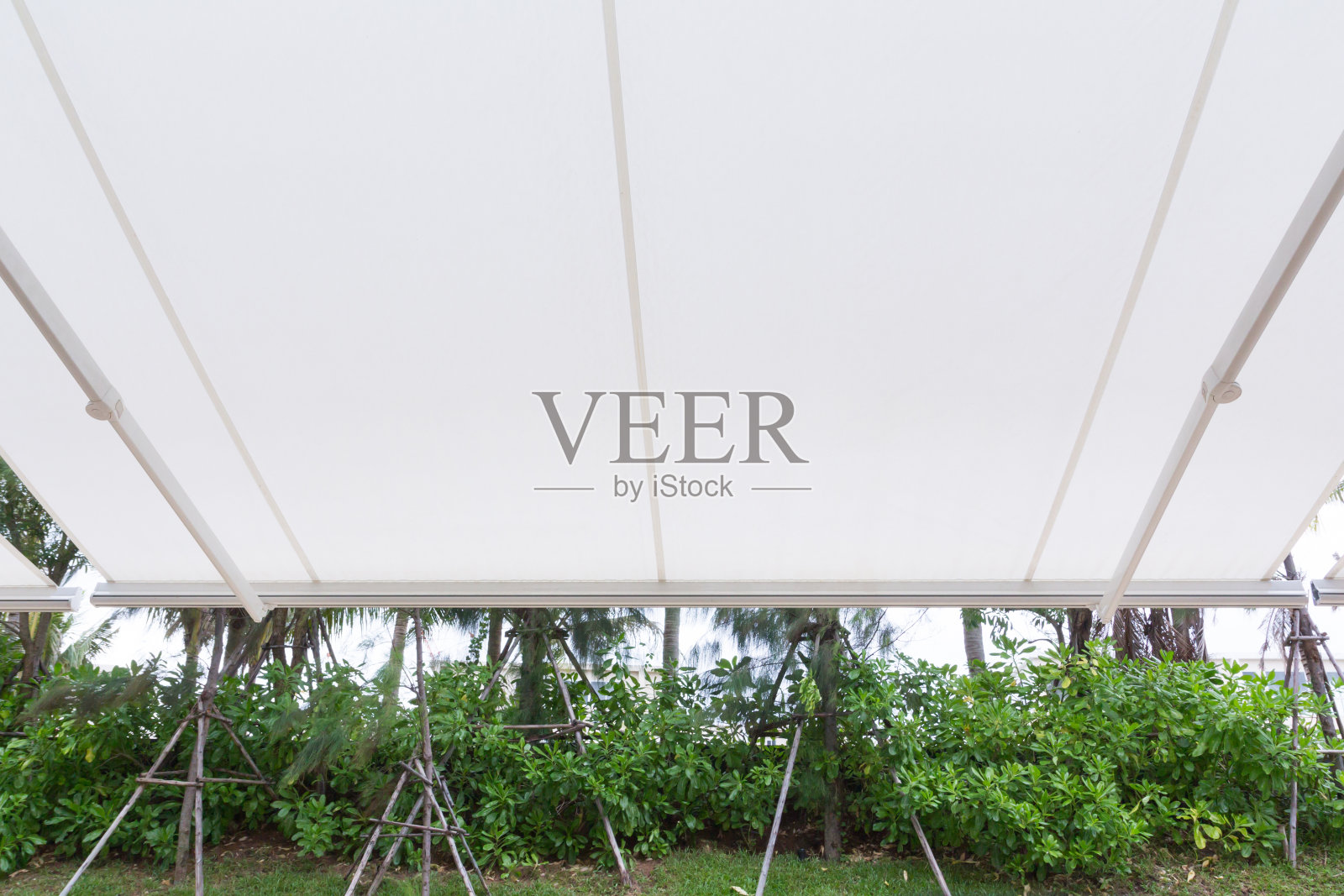 白色天篷与钢结构的花园。照片摄影图片