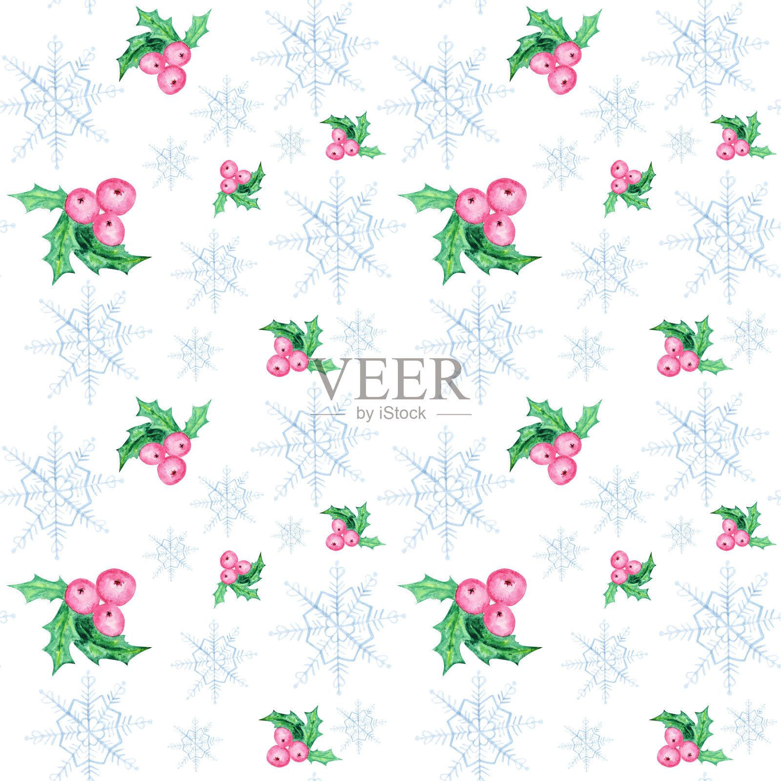 水彩雪花和圣诞浆果无缝图案。白色背景上的蓝色雪花。寒假壁纸，圣诞和新年手绘插图。照片摄影图片