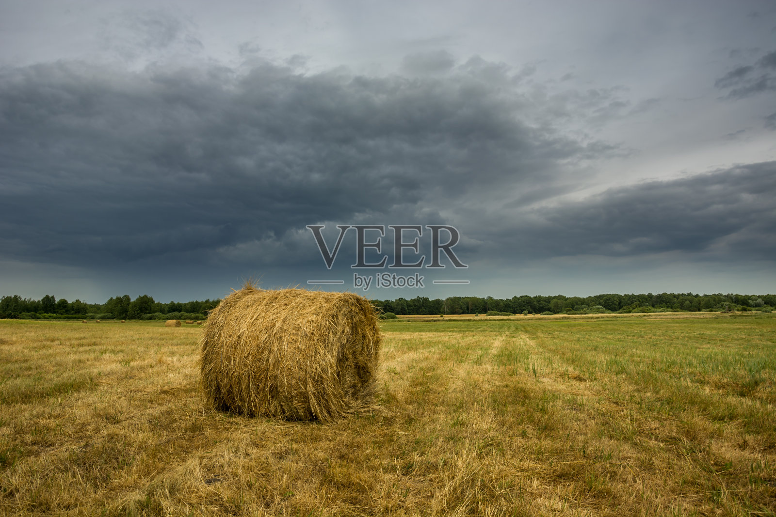 草地上的圆草堆和乌云密布的天空照片摄影图片