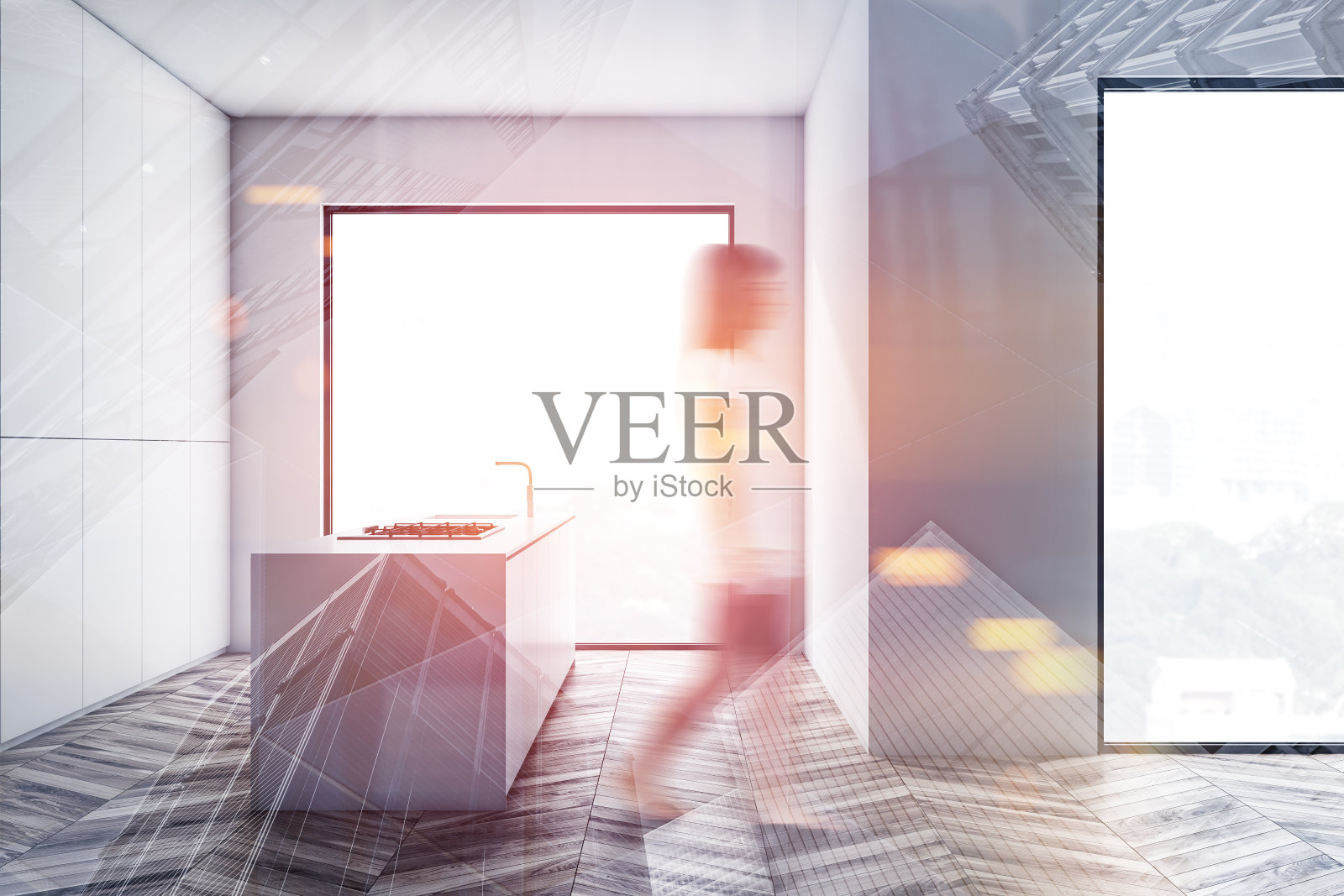 一个女人带着小岛走进白色阁楼厨房照片摄影图片