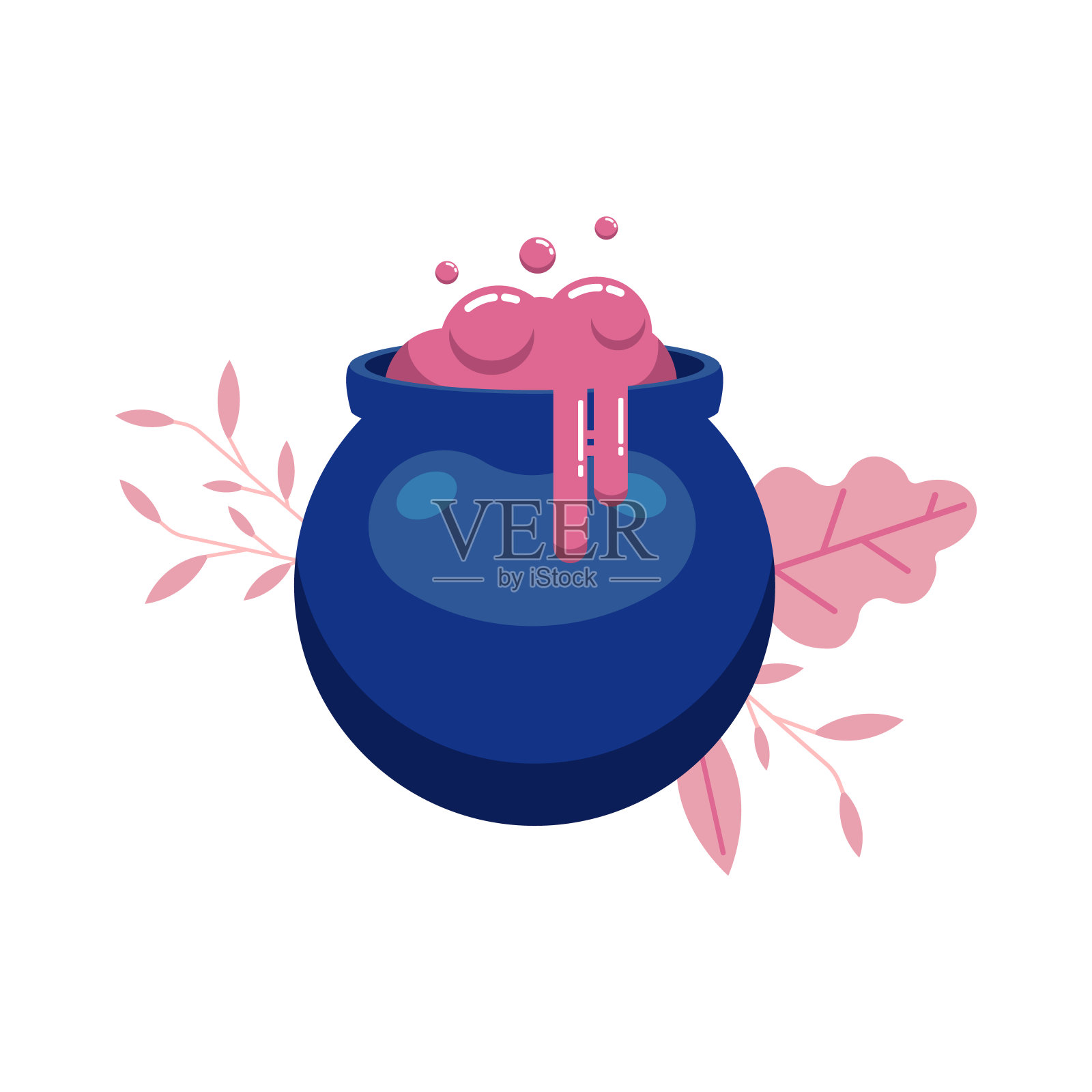 女巫魔法药水在坩埚孤立在白色的背景与装饰。插画图片素材