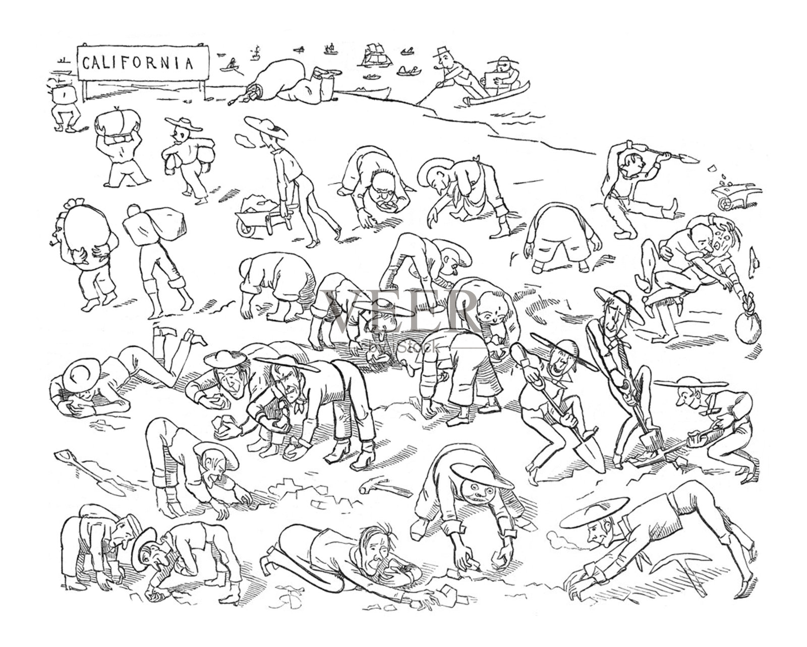 英国讽刺漫画漫画插图一大群人在加利福尼亚寻找黄金插画图片素材