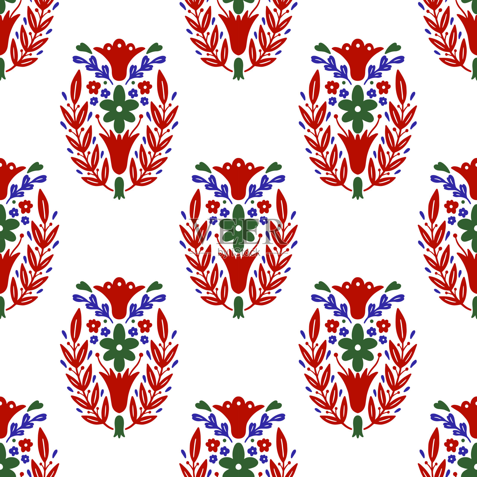 传统无缝花纹花。自然民间装饰。人种放荡不羁的风格。手绘。插画图片素材